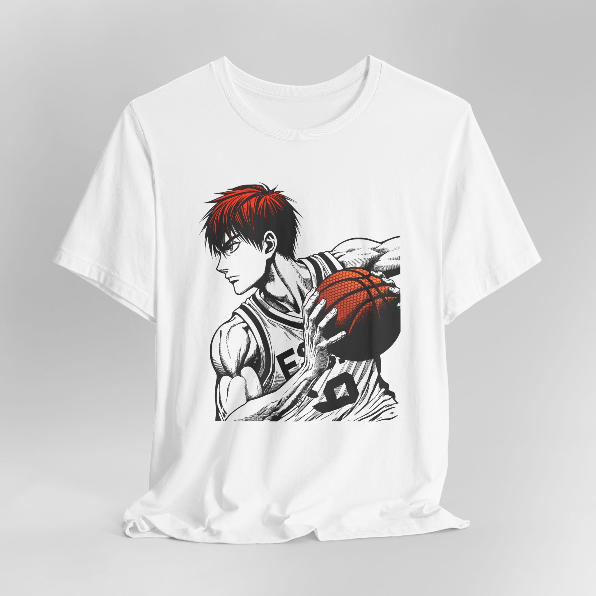 White t-shirt with an anime-style graphic of a character holding a basketball on a gray background