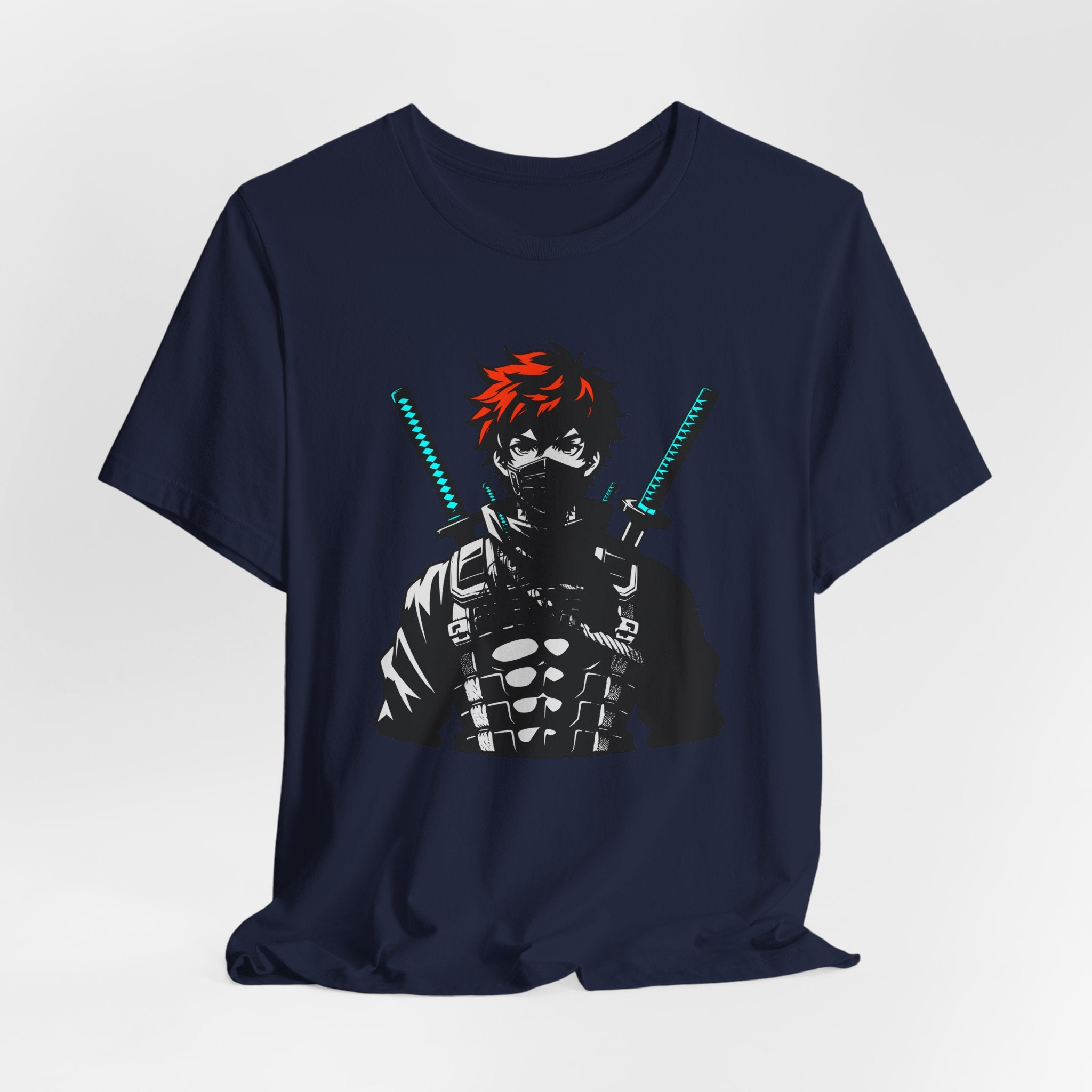 Navy blue t-shirt with a graphic design of a character holding a sword on a light gray background
