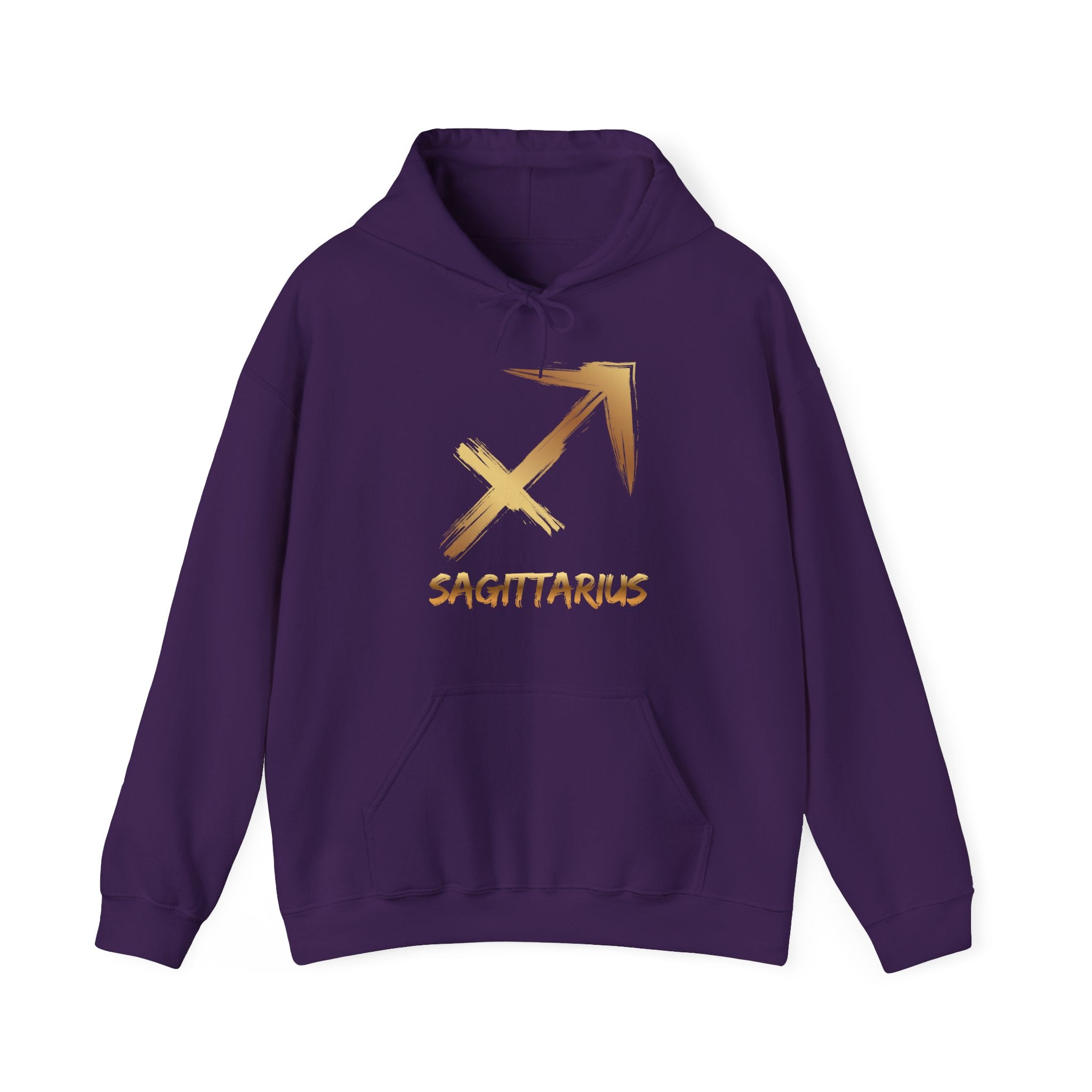 Purple hoodie with gold Sagittarius logo and text on a white background