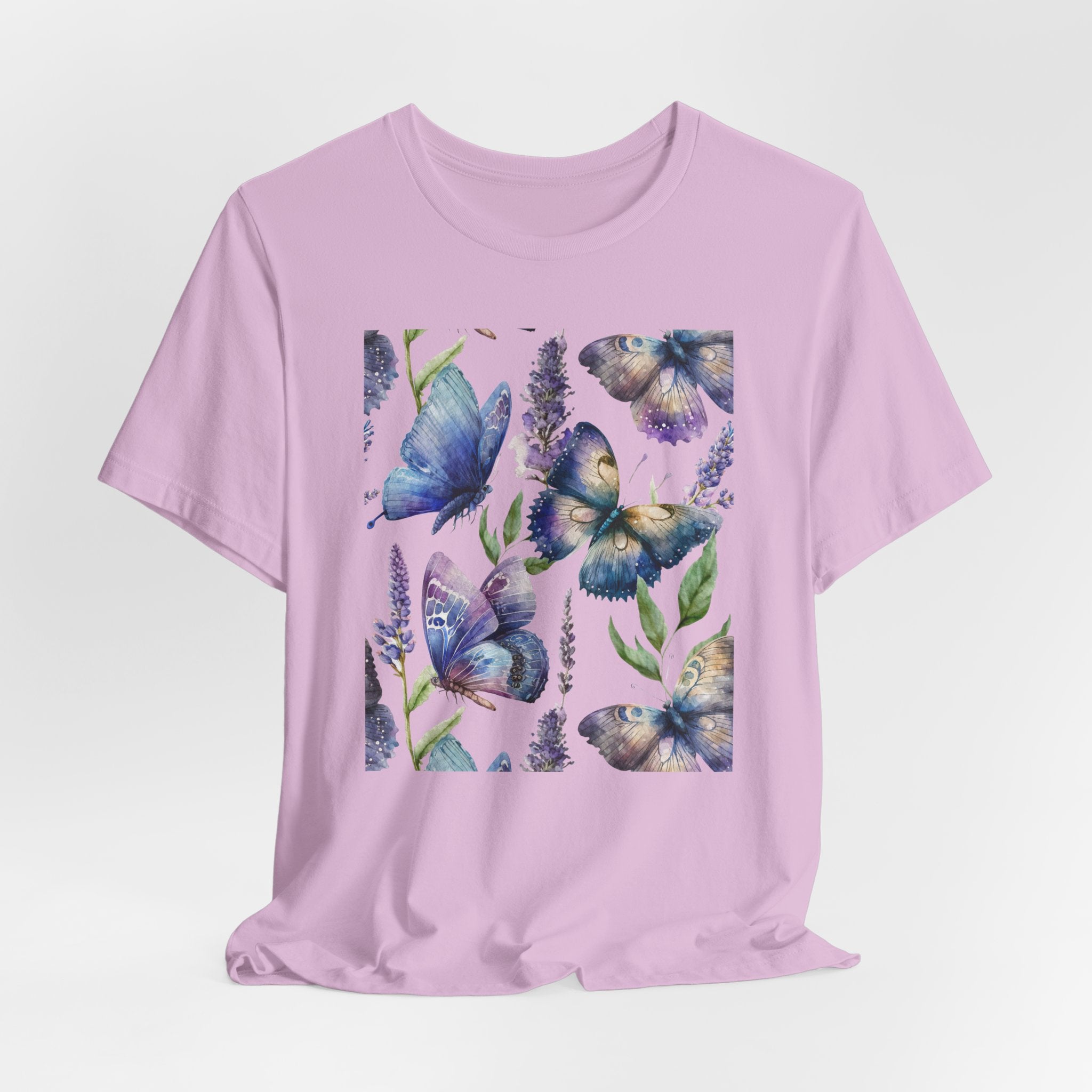 Lavender t-shirt with butterfly design on a light purple background