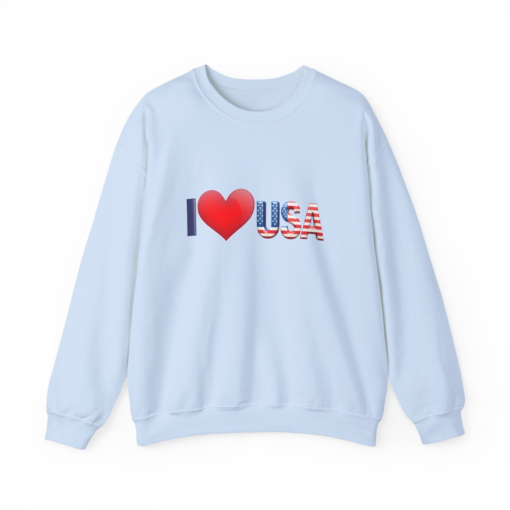 Light blue sweatshirt with 'I ❤️ USA' text on a white background