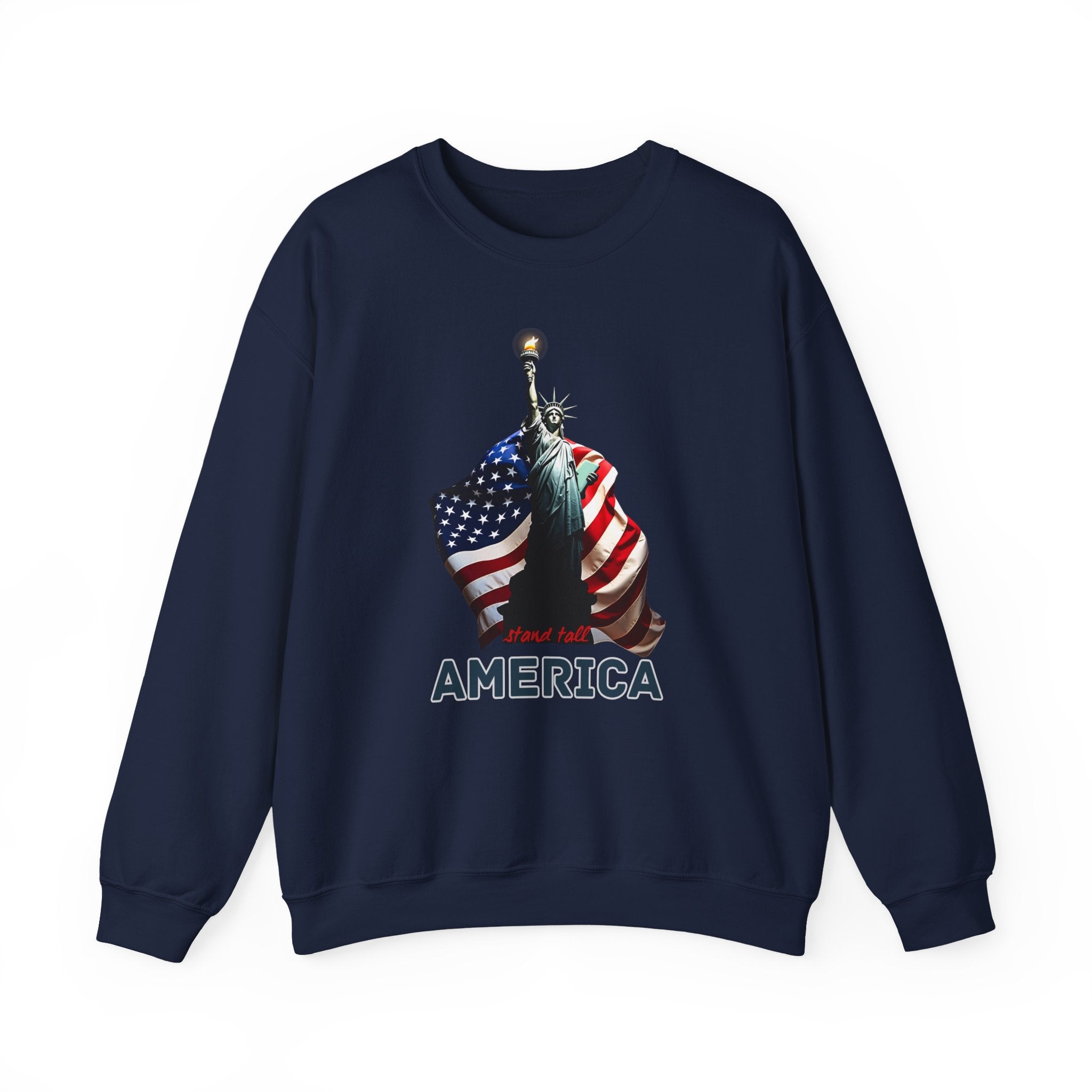 Navy blue sweatshirt with Statue of Liberty and American flag design on a white background