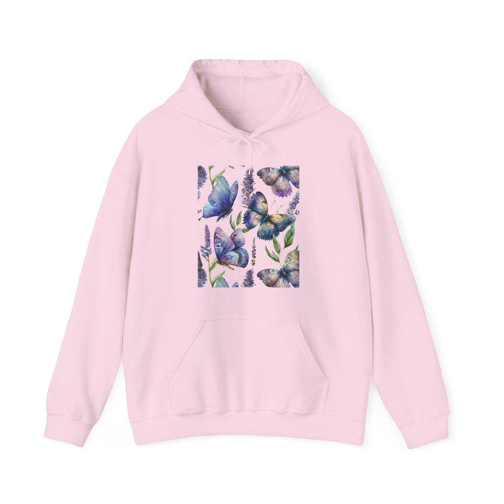 Pink hoodie with butterfly design on a white background