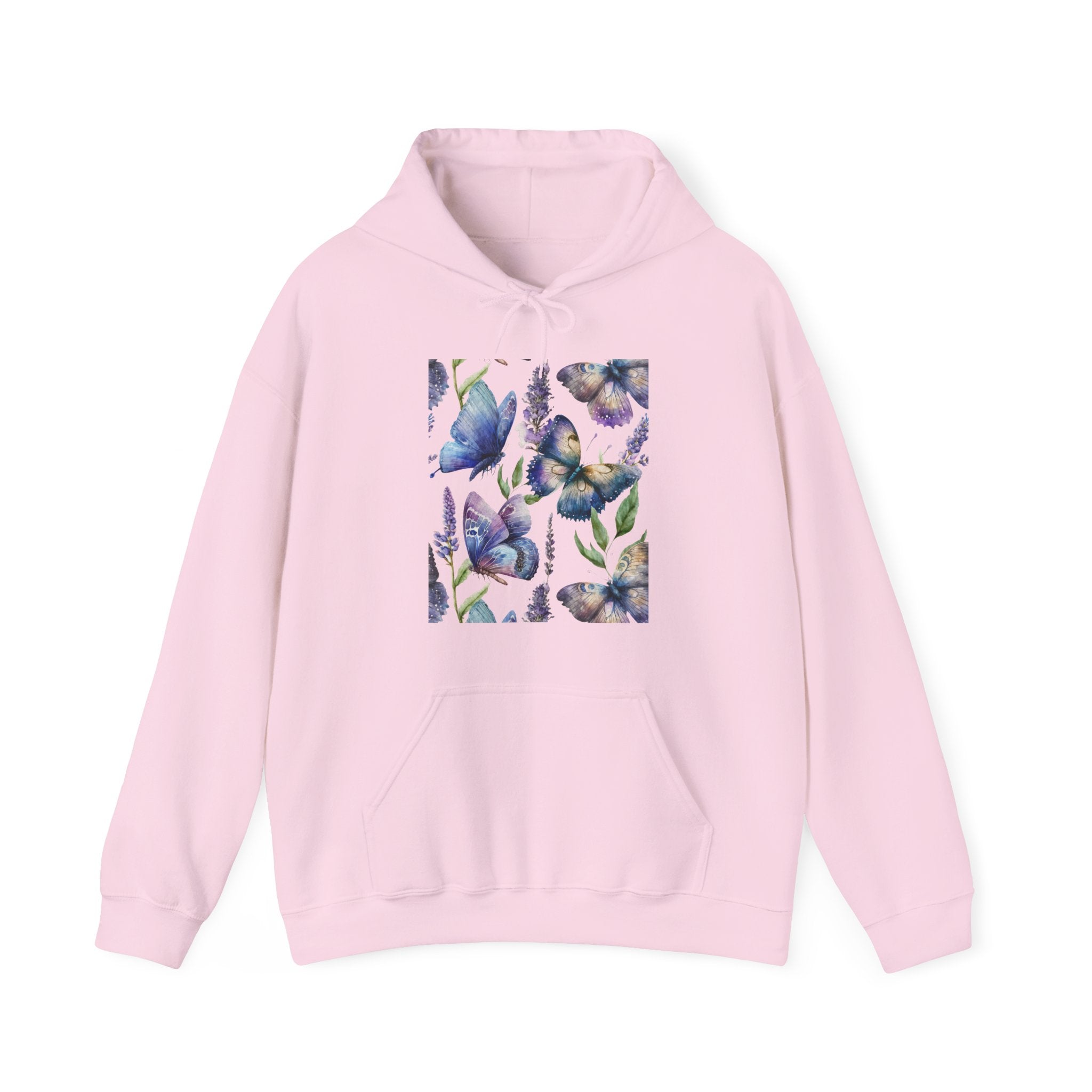 Pink hoodie with butterfly design on a white background