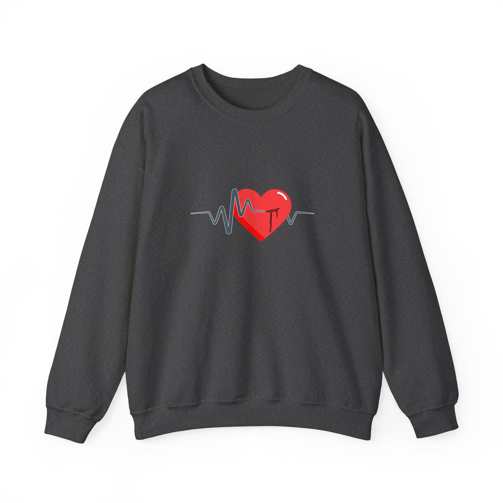 Dark gray sweatshirt with a red heart and heartbeat line design on a white background