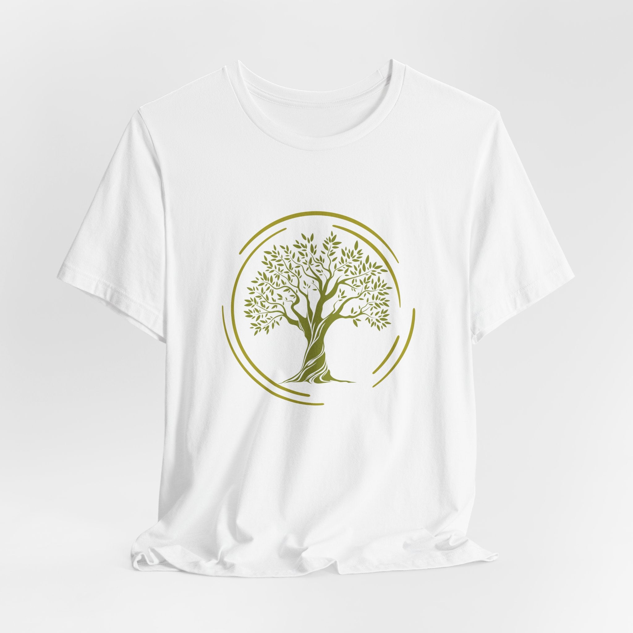 White t-shirt with a green tree design on a white background
