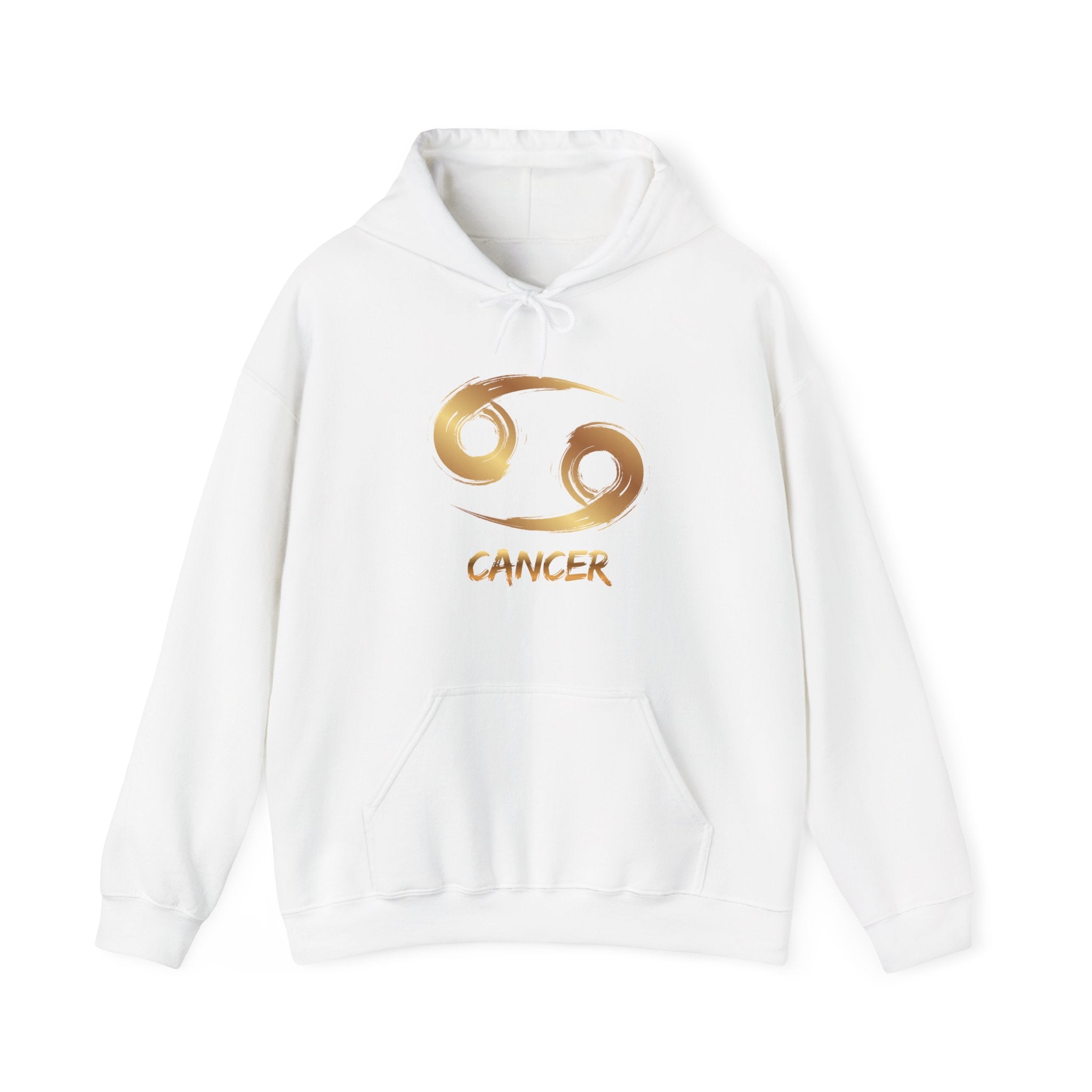 White hoodie with gold Cancer zodiac symbol on a white background