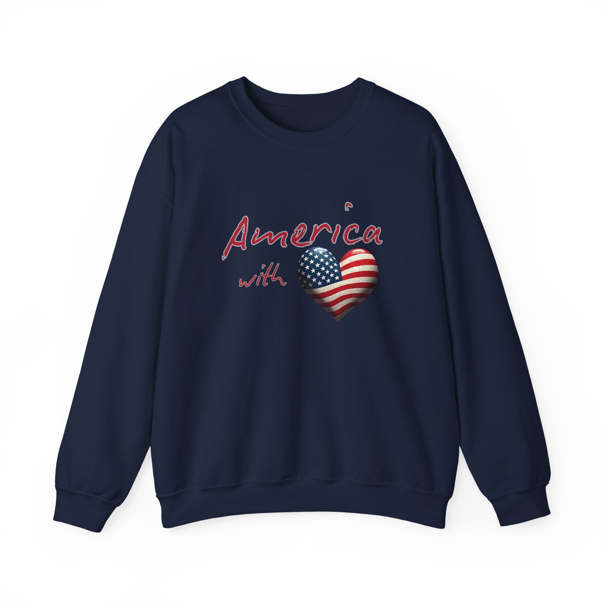 Navy blue sweatshirt with 'America with Heart' design on a white background