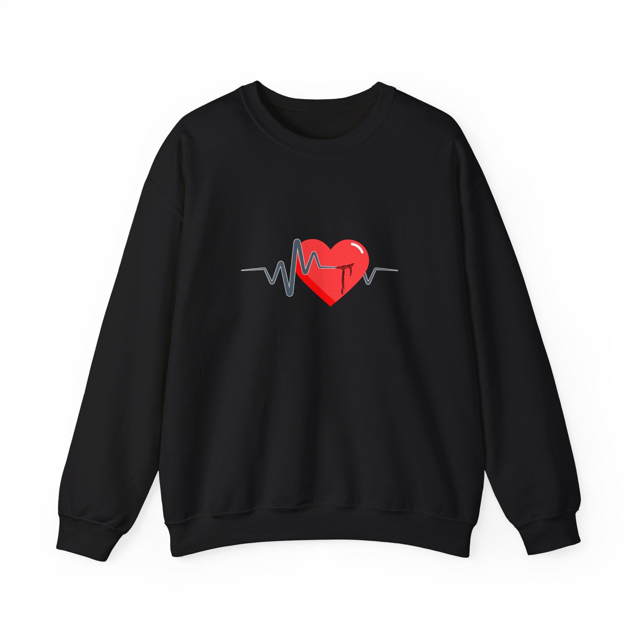 Black sweatshirt with a red heart and heartbeat line design on a white background