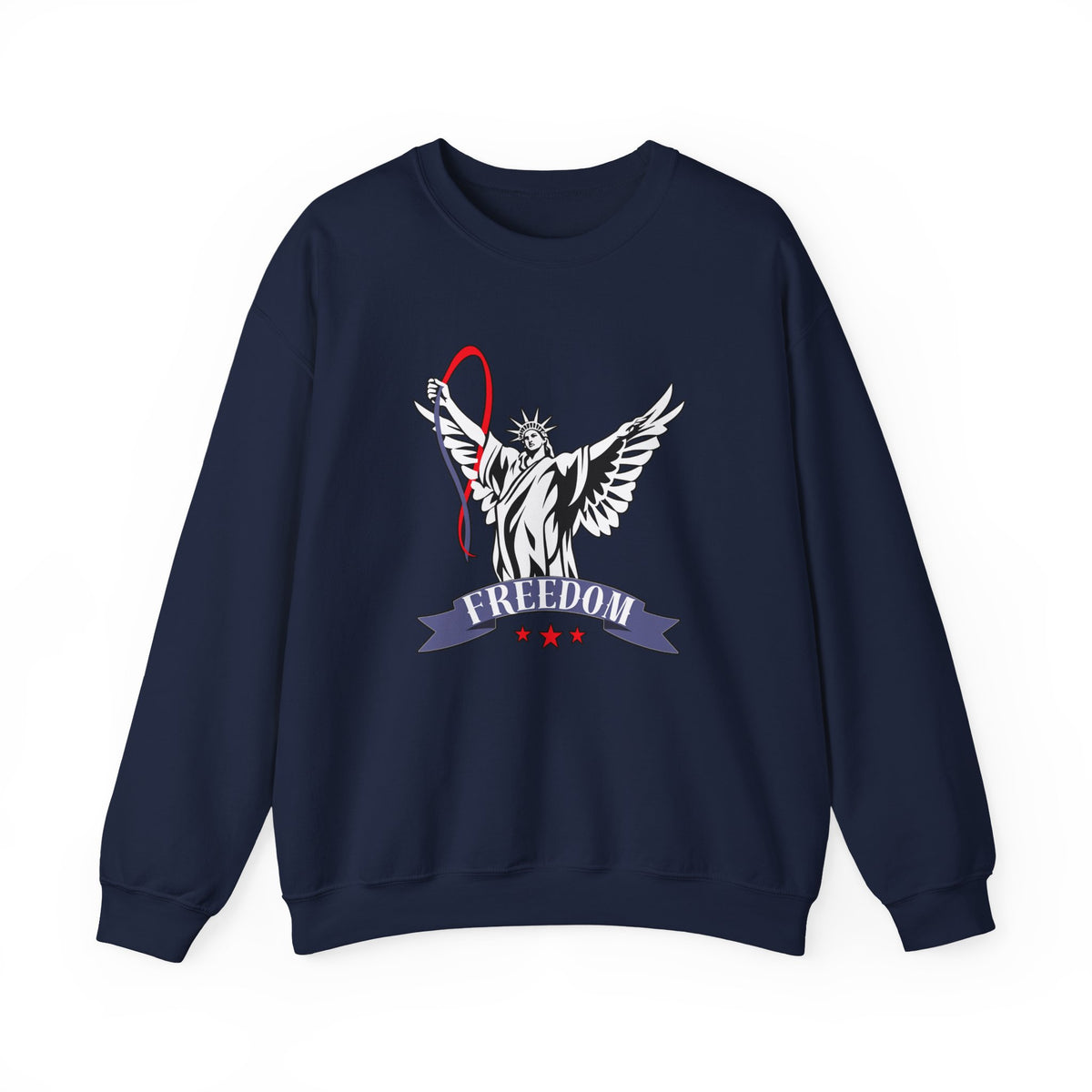 Navy blue sweatshirt with Statue of Liberty graphic and 'Freedom' text on a white background
