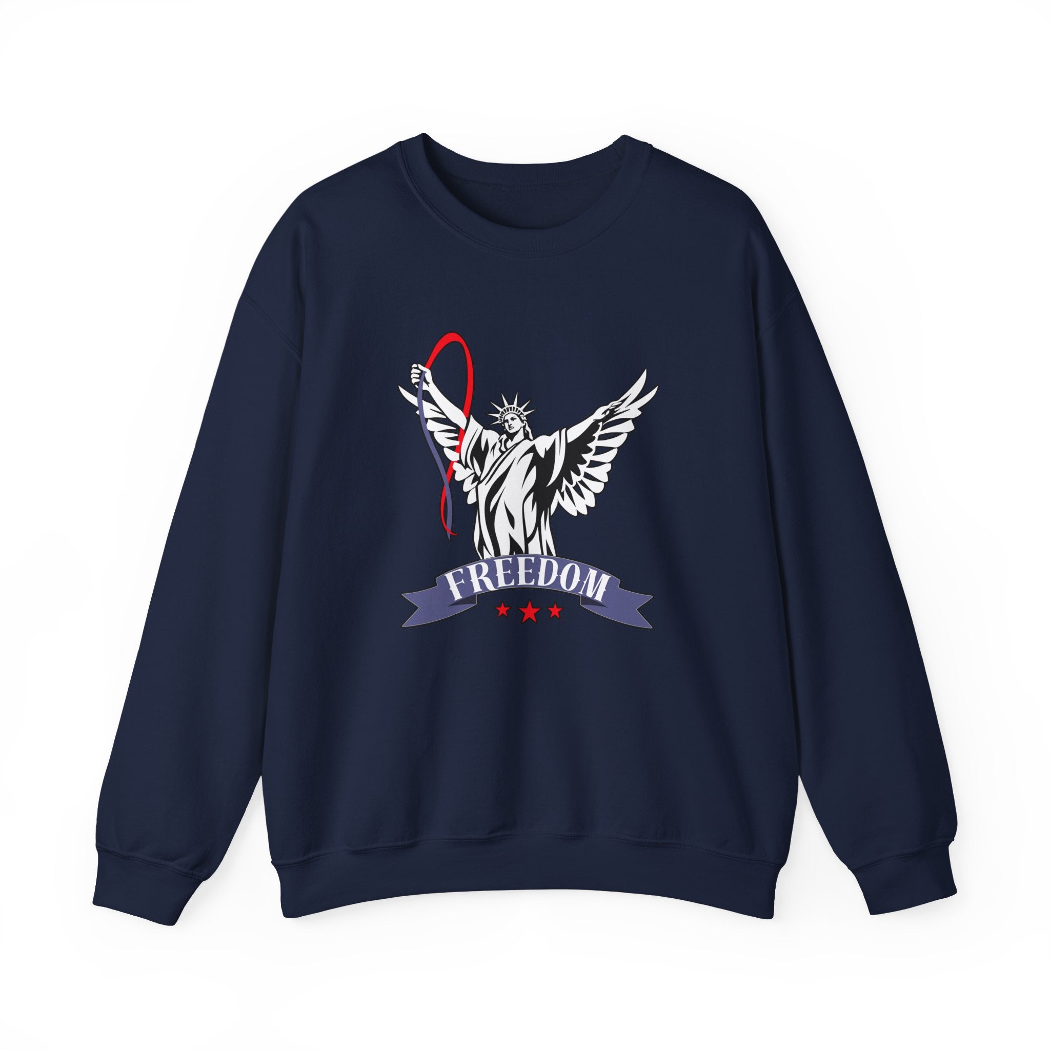 Navy blue sweatshirt with Statue of Liberty graphic and 'Freedom' text on a white background