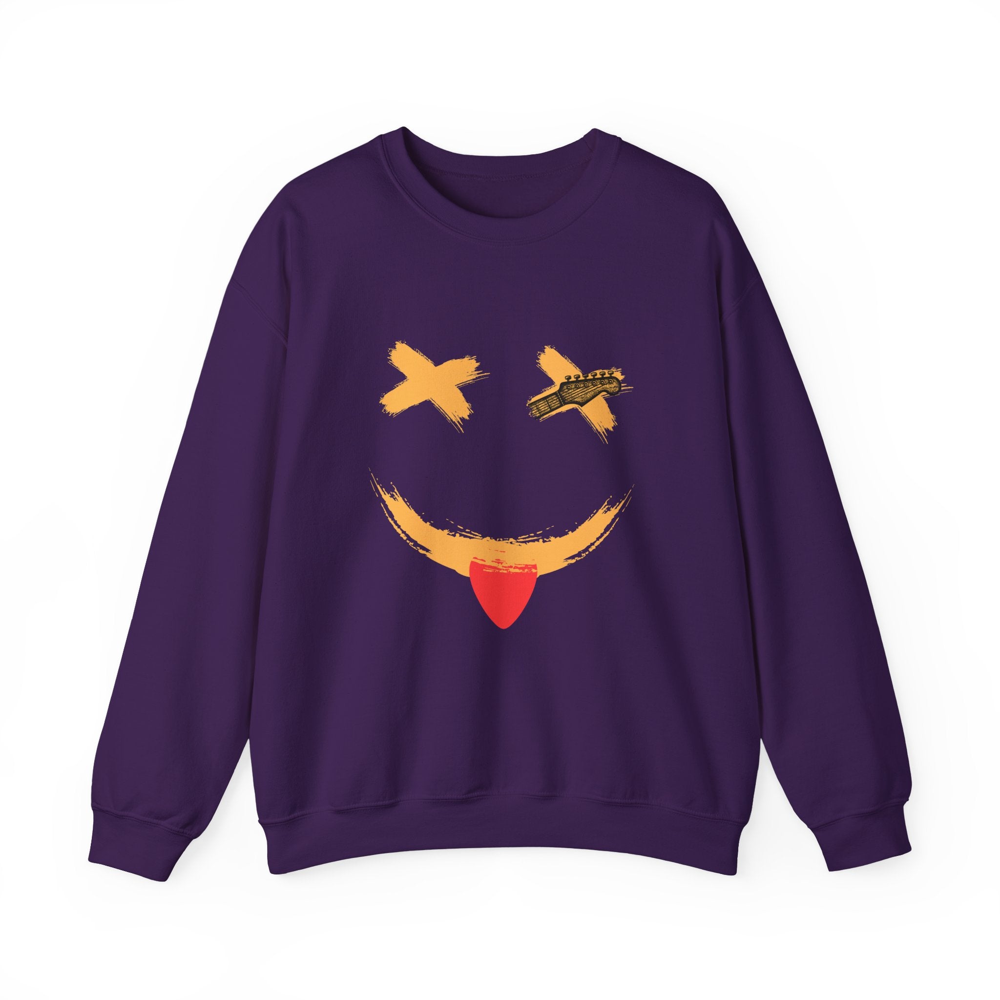 Purple sweatshirt with a smiley face design on a white background