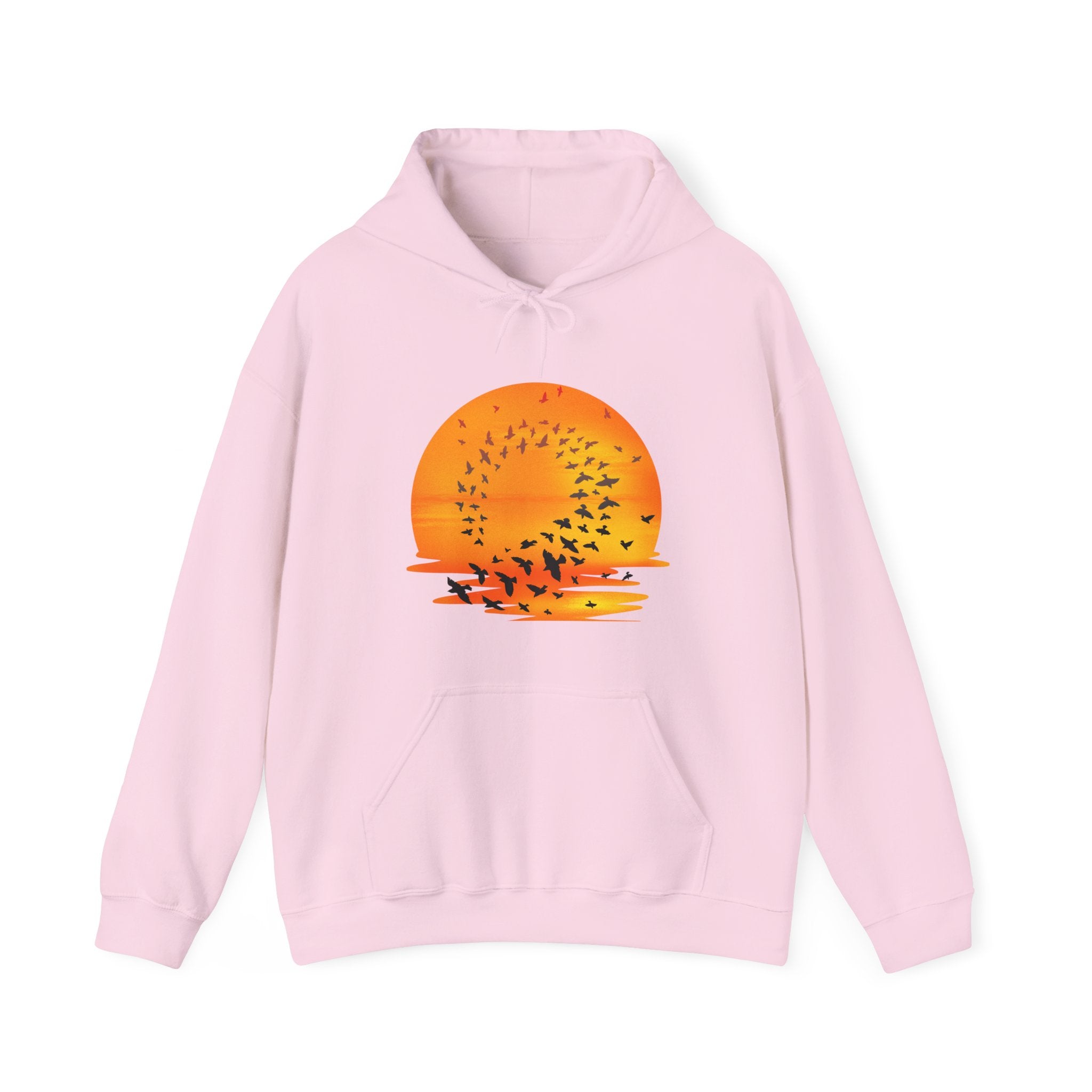 Pink hoodie with a sunset and bird design on a white background