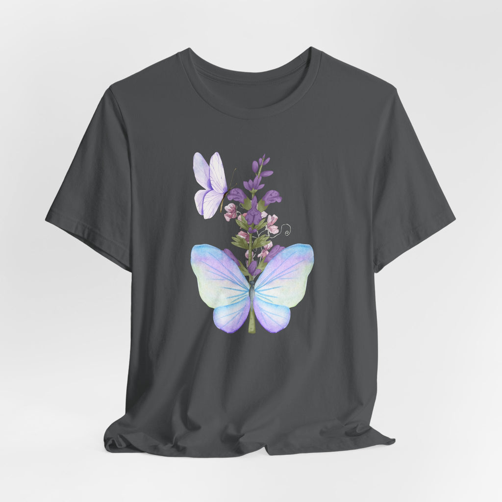 Black t-shirt with a butterfly and floral design on a white background