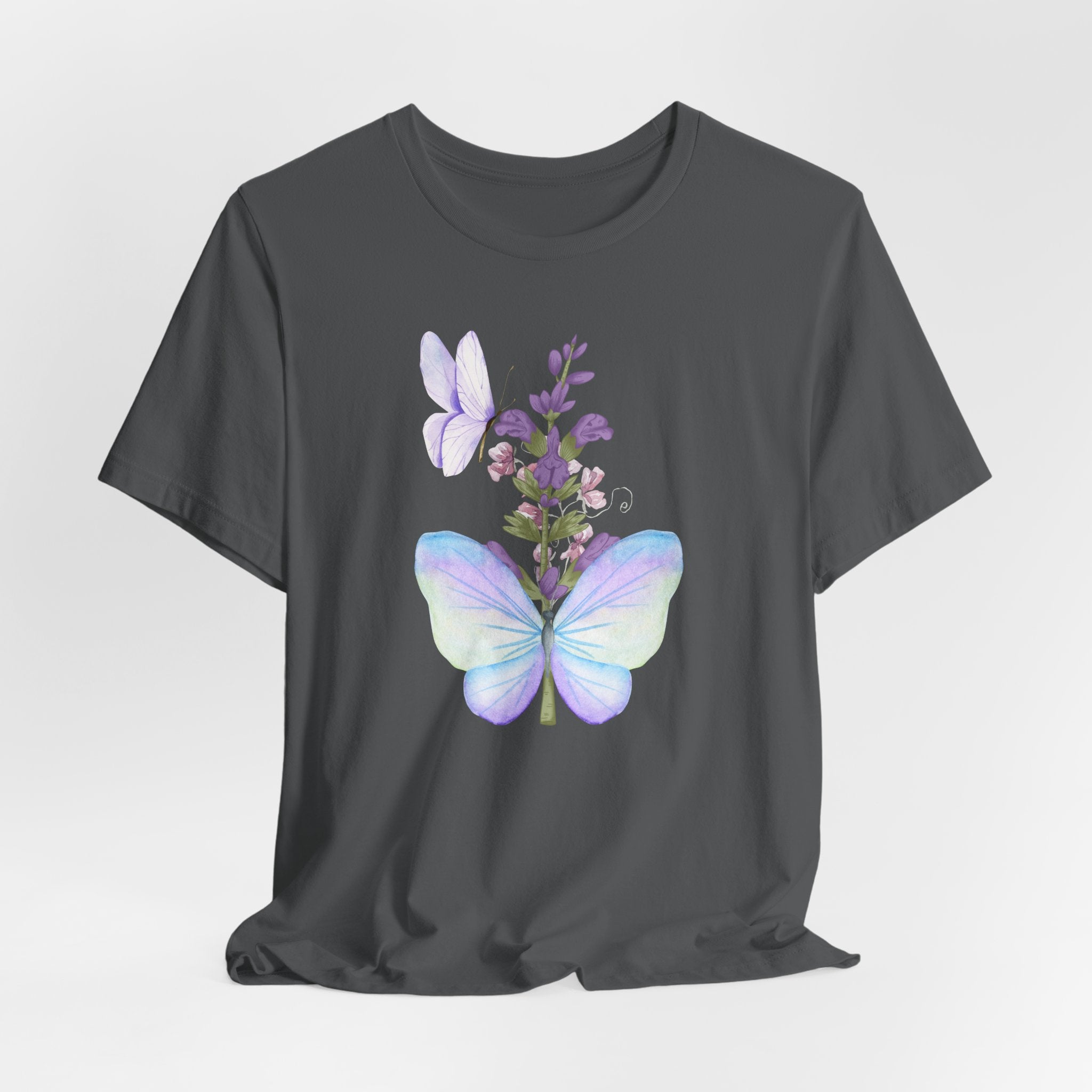 Black t-shirt with a butterfly and floral design on a white background