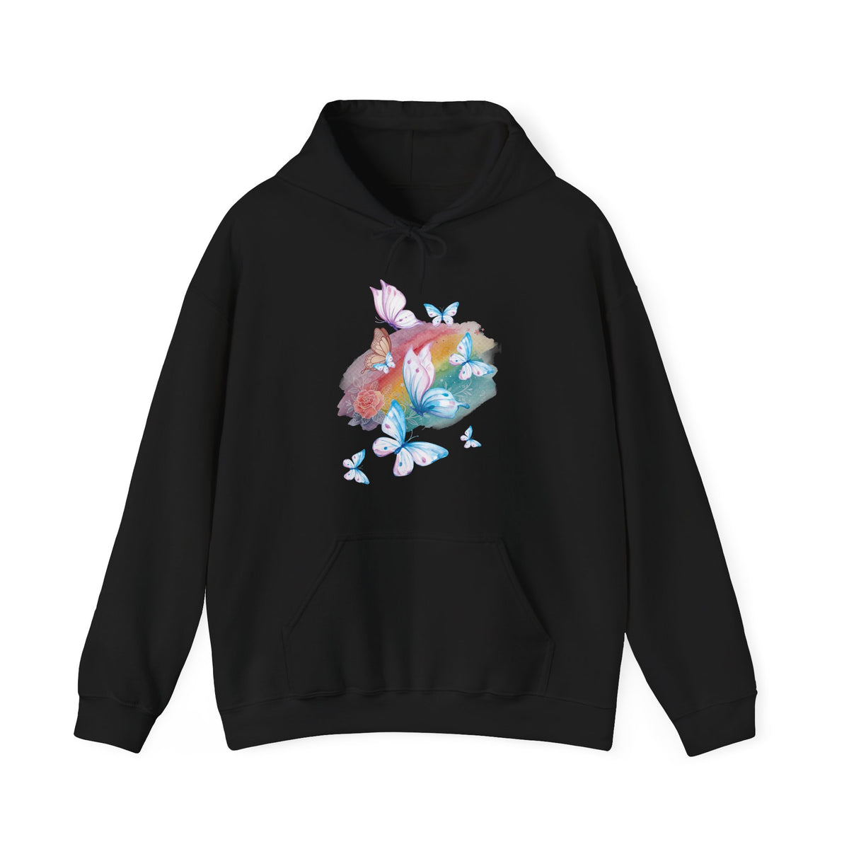 Black hoodie with colorful floral and butterfly design on a white background