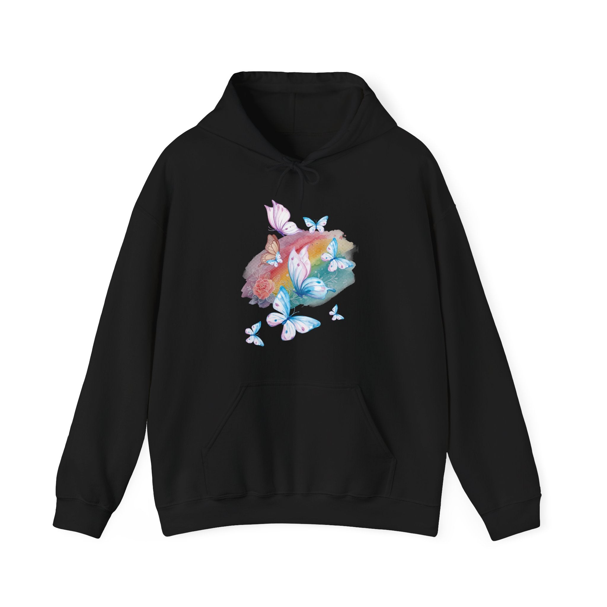Black hoodie with colorful floral and butterfly design on a white background