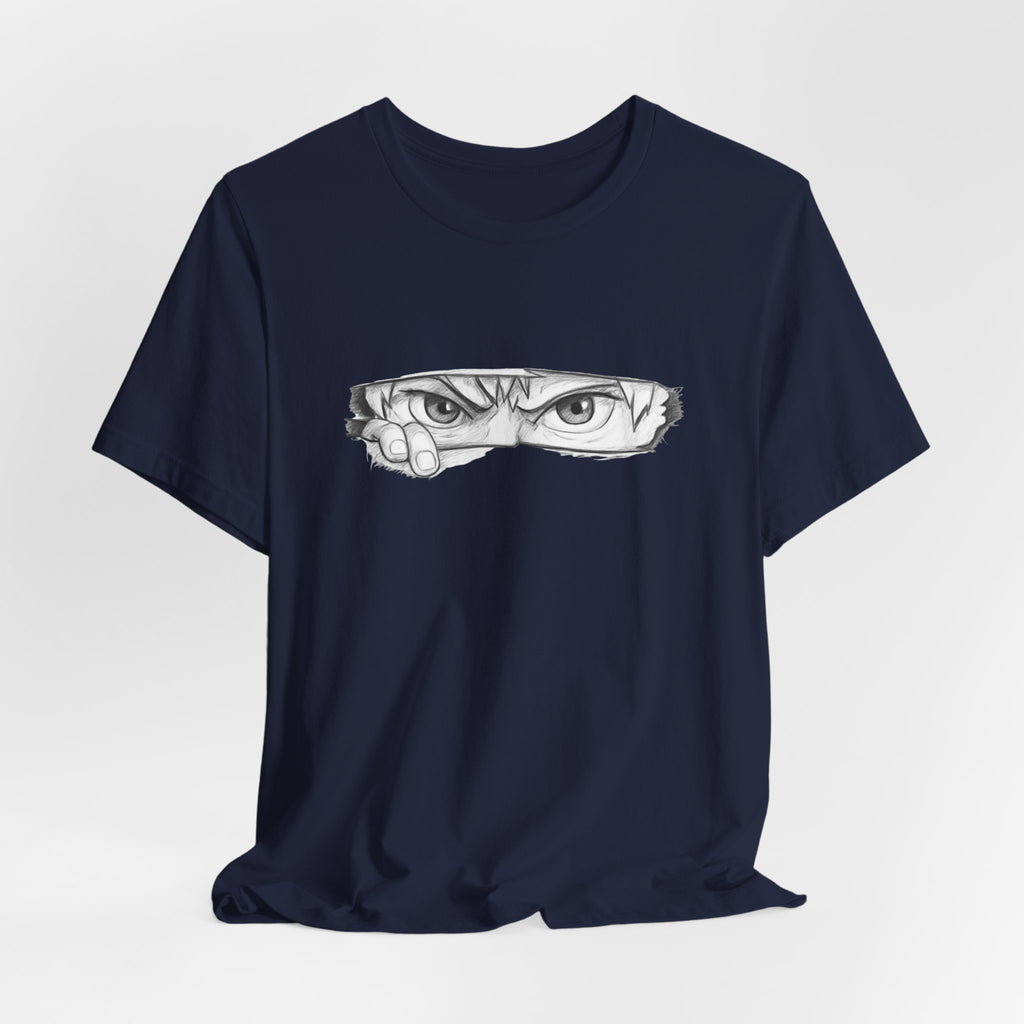 Navy blue t-shirt with an anime-style eye design on a white background