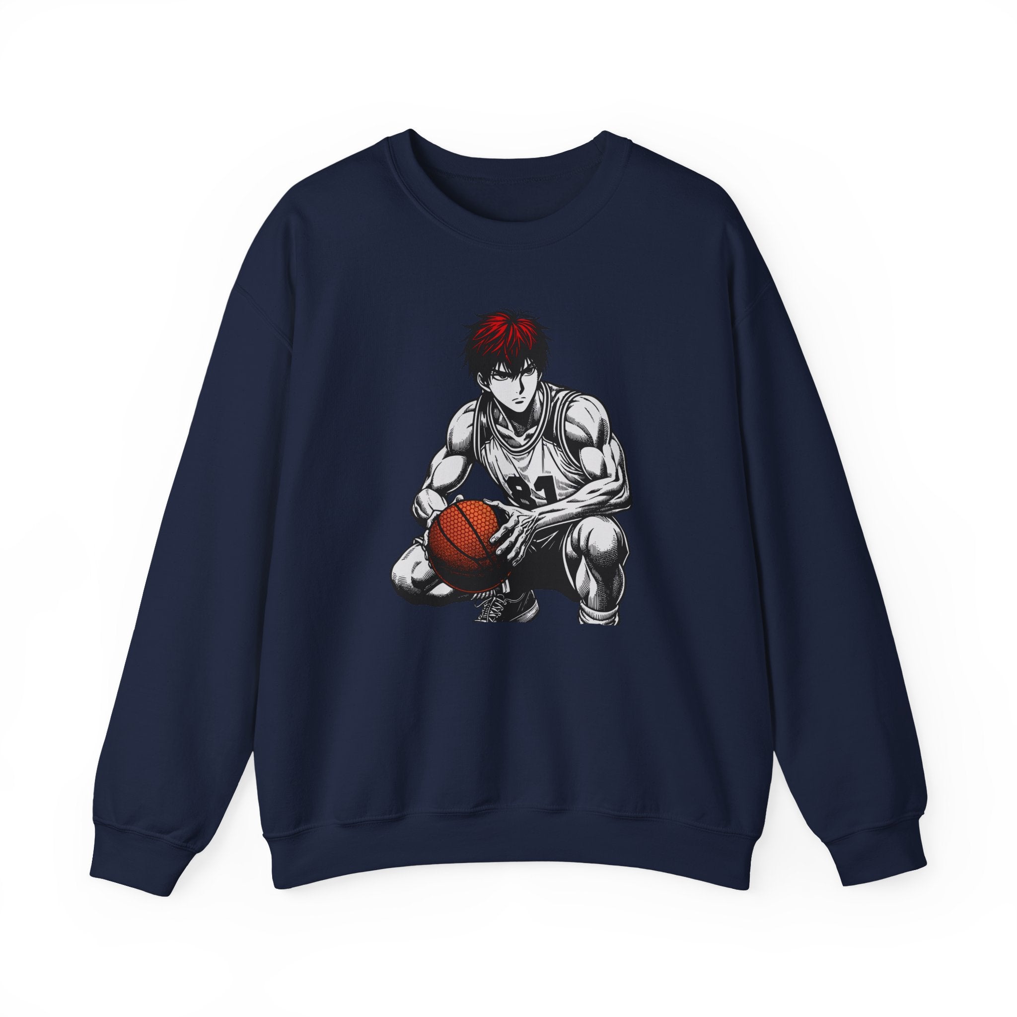 Navy blue sweatshirt with an anime-style graphic of a character holding a basketball on a white background