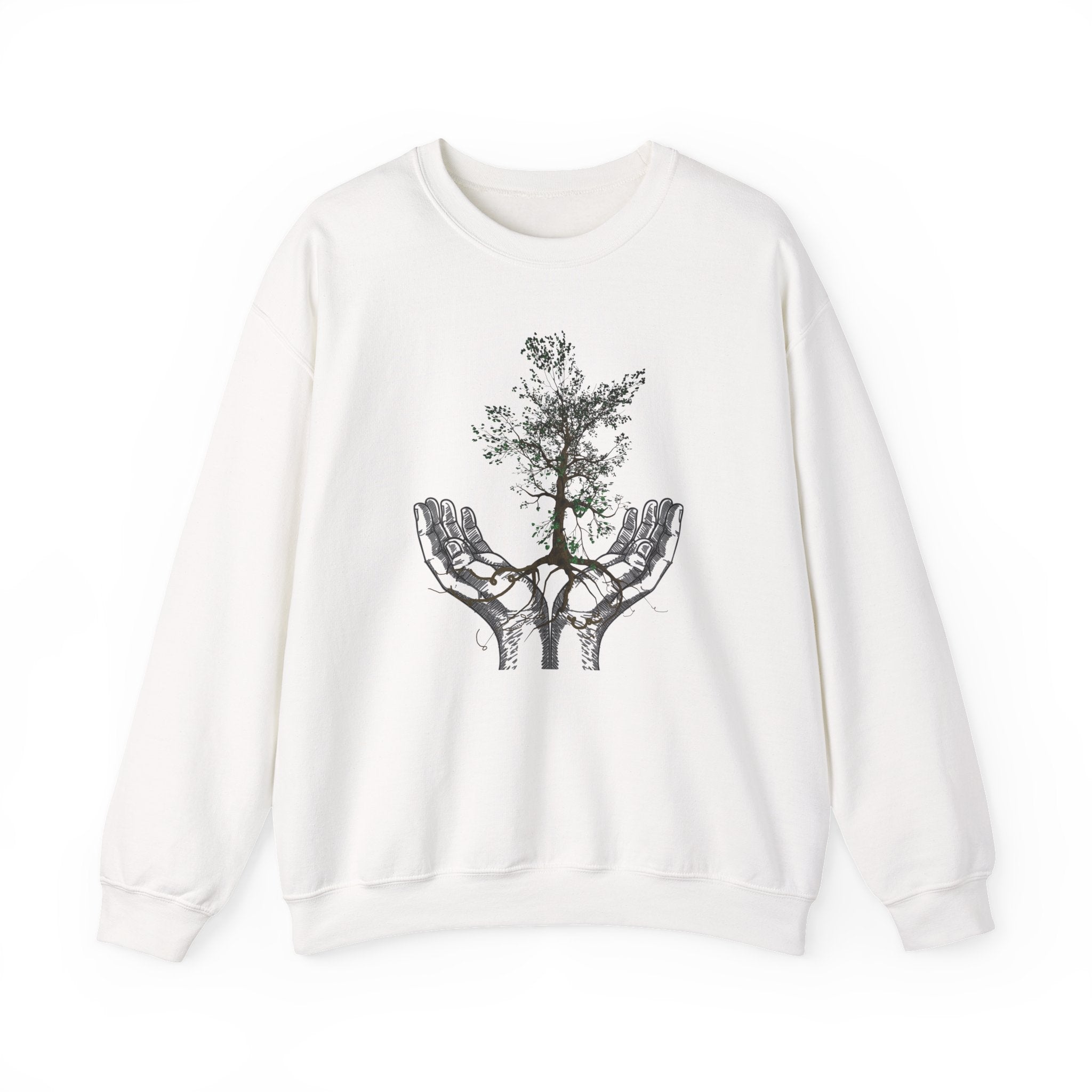 White sweatshirt with a black tree design on a white background