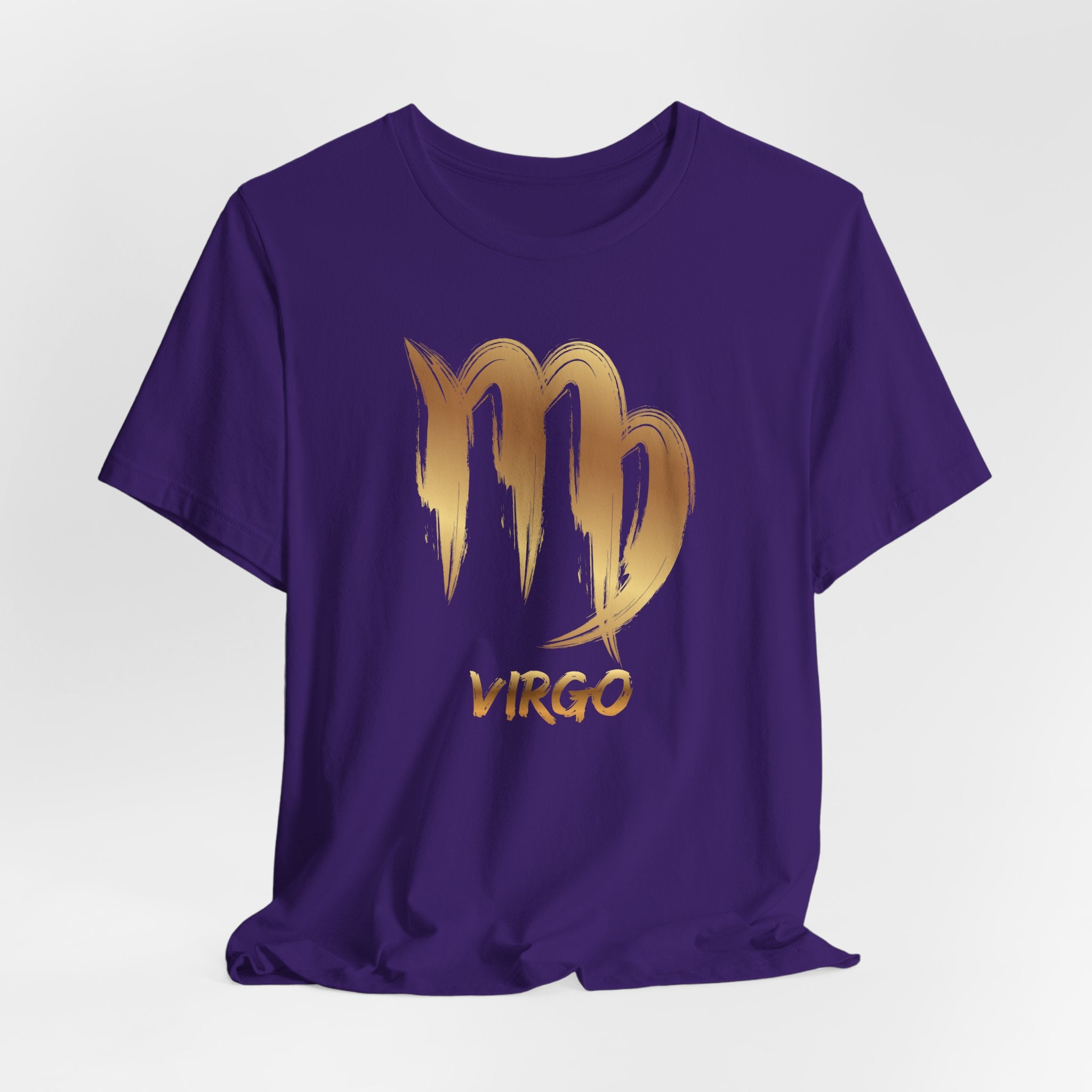 Purple t-shirt with gold Virgo zodiac design on a white background