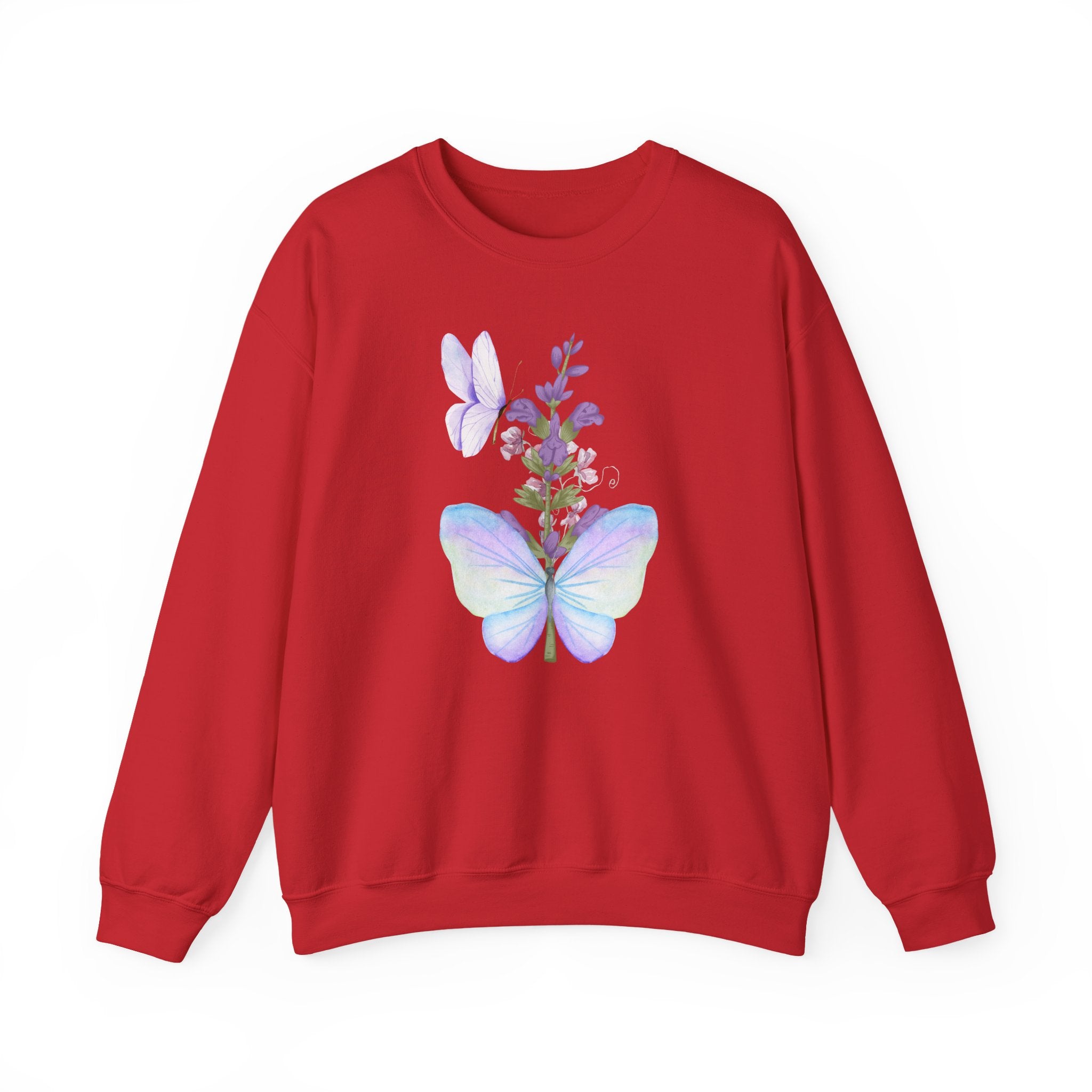 Red sweatshirt with butterfly and floral design on a white background