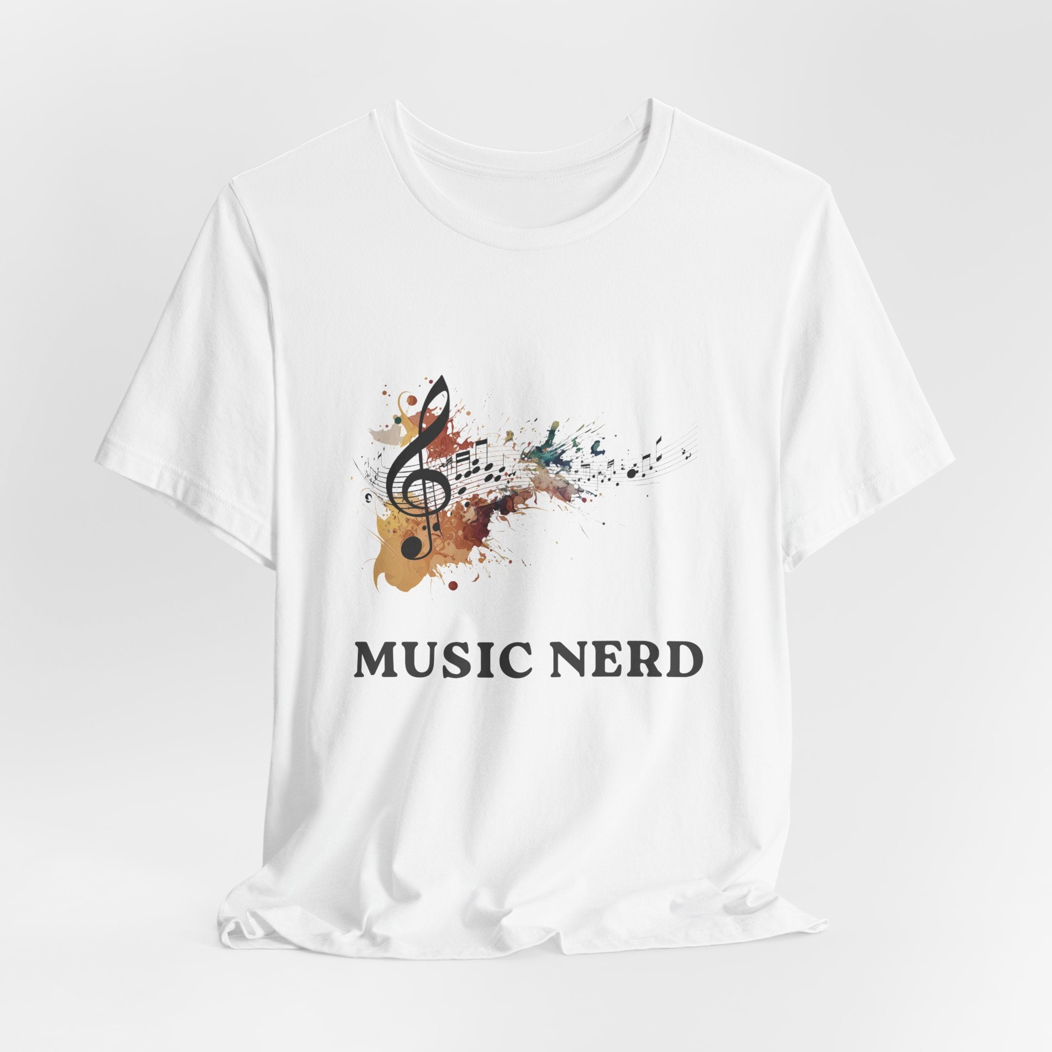 White t-shirt with 'Music Nerd' text and musical design on a white background