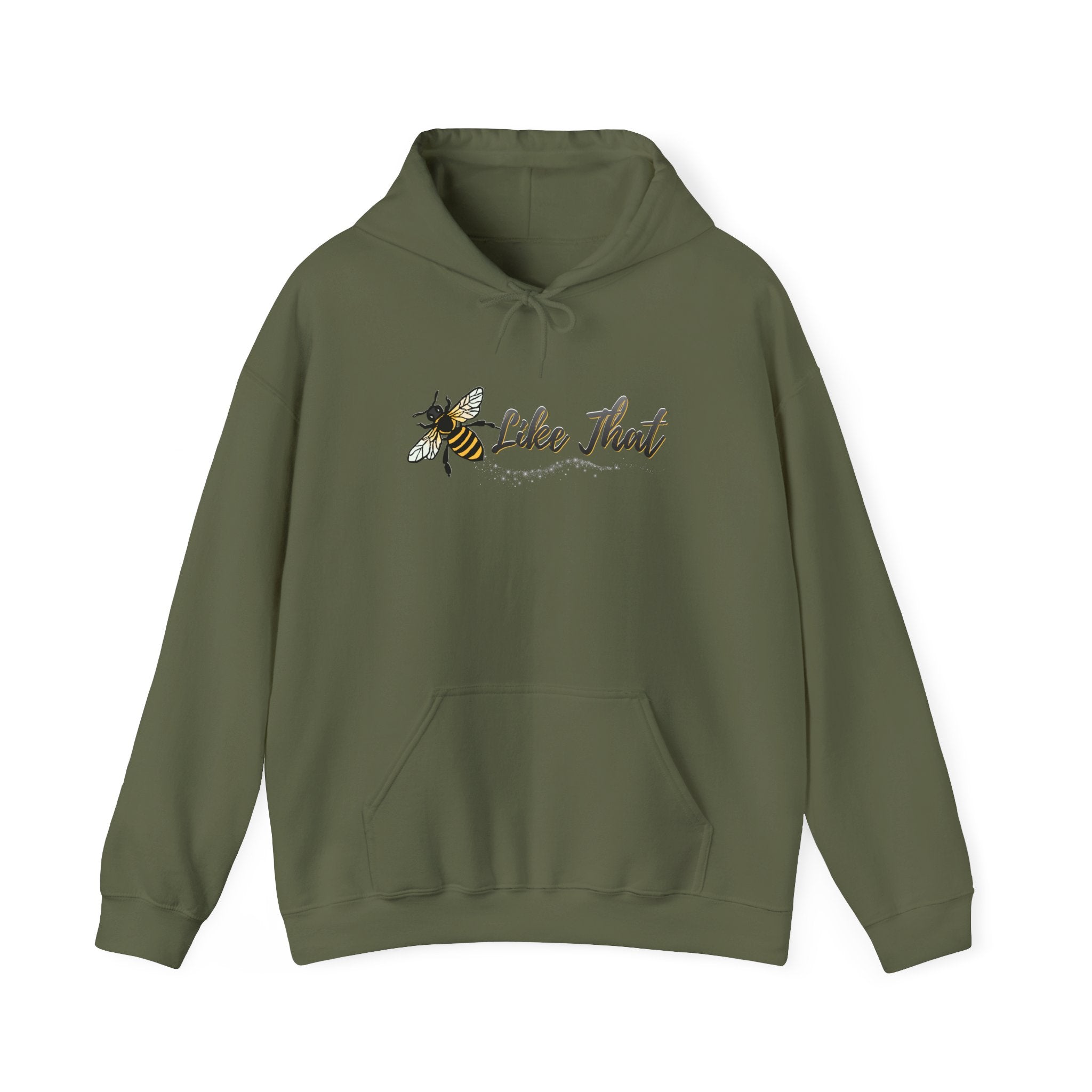 Military green hoodie with a bee and text "Like  That" design on a white background