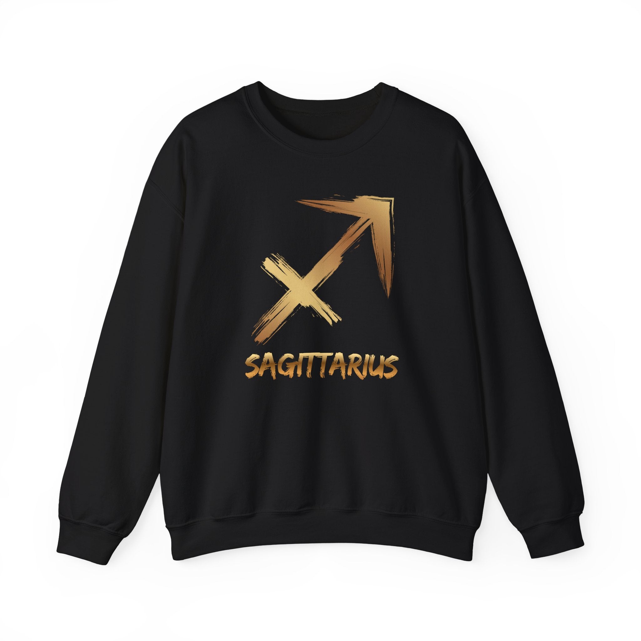 Black sweatshirt with gold Sagittarius symbol and text on a white background