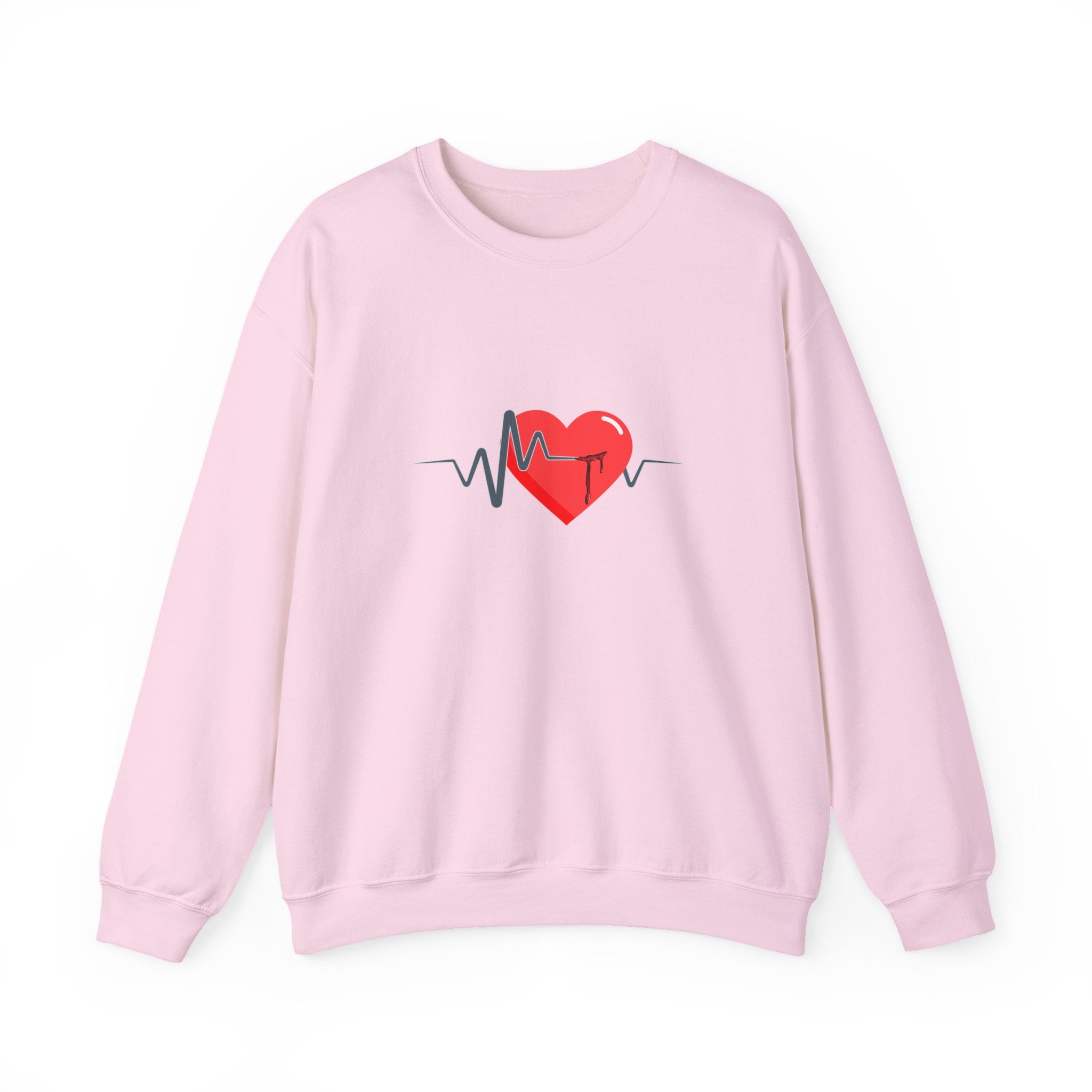Pink sweatshirt with a heart and heartbeat line design on a white background
