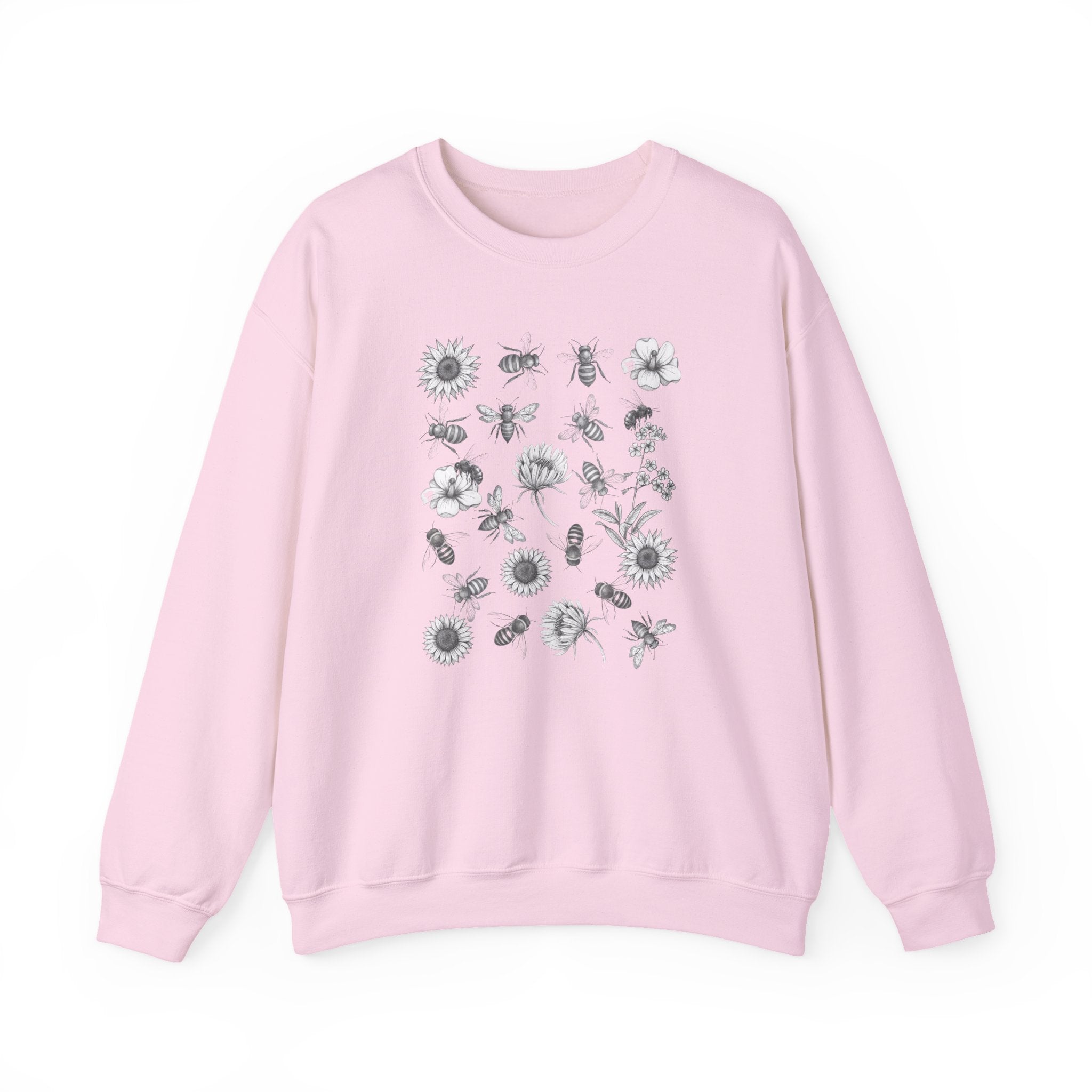 Pink sweatshirt with floral and bee designs on a white background