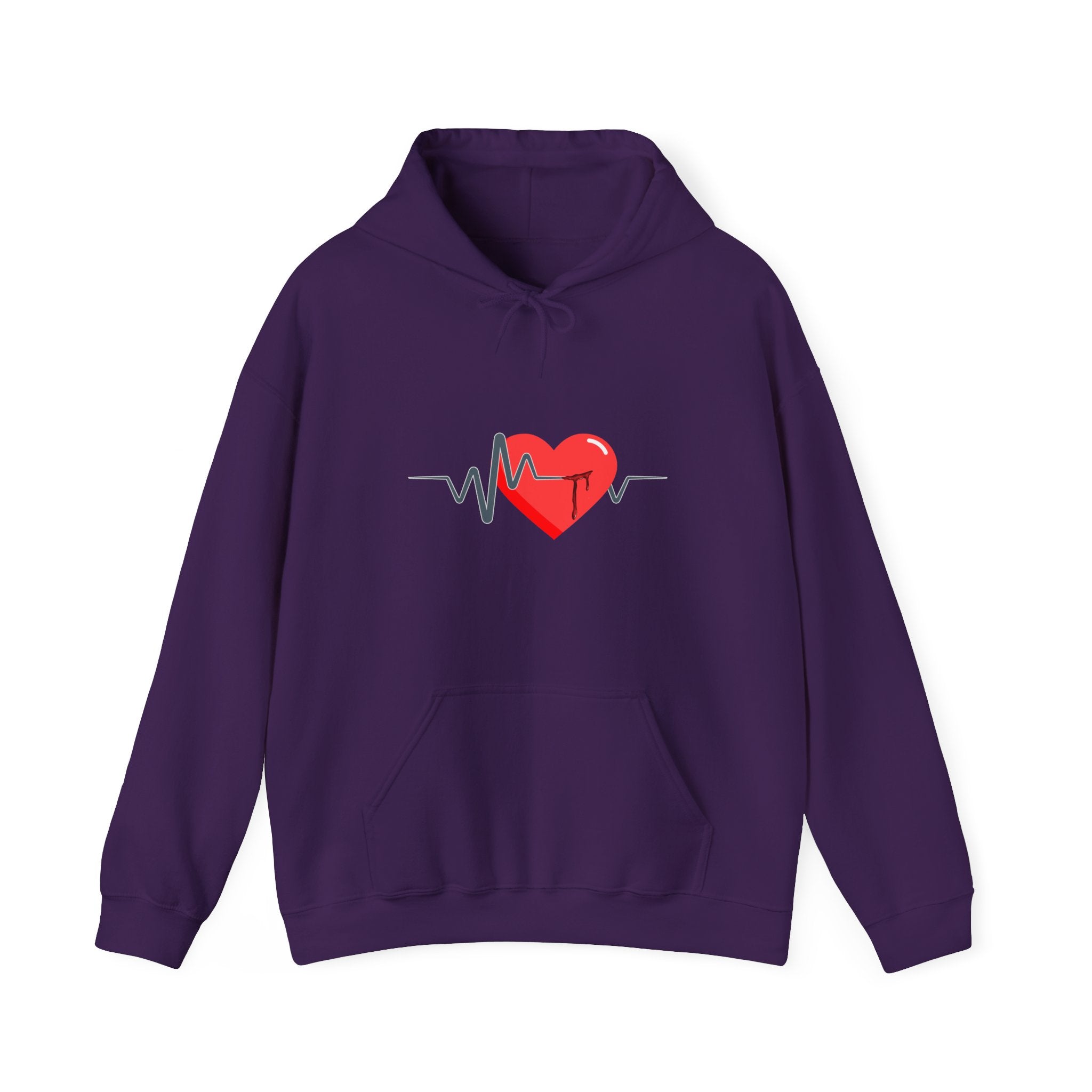 Purple hoodie with a red heart and heartbeat line design on a white background