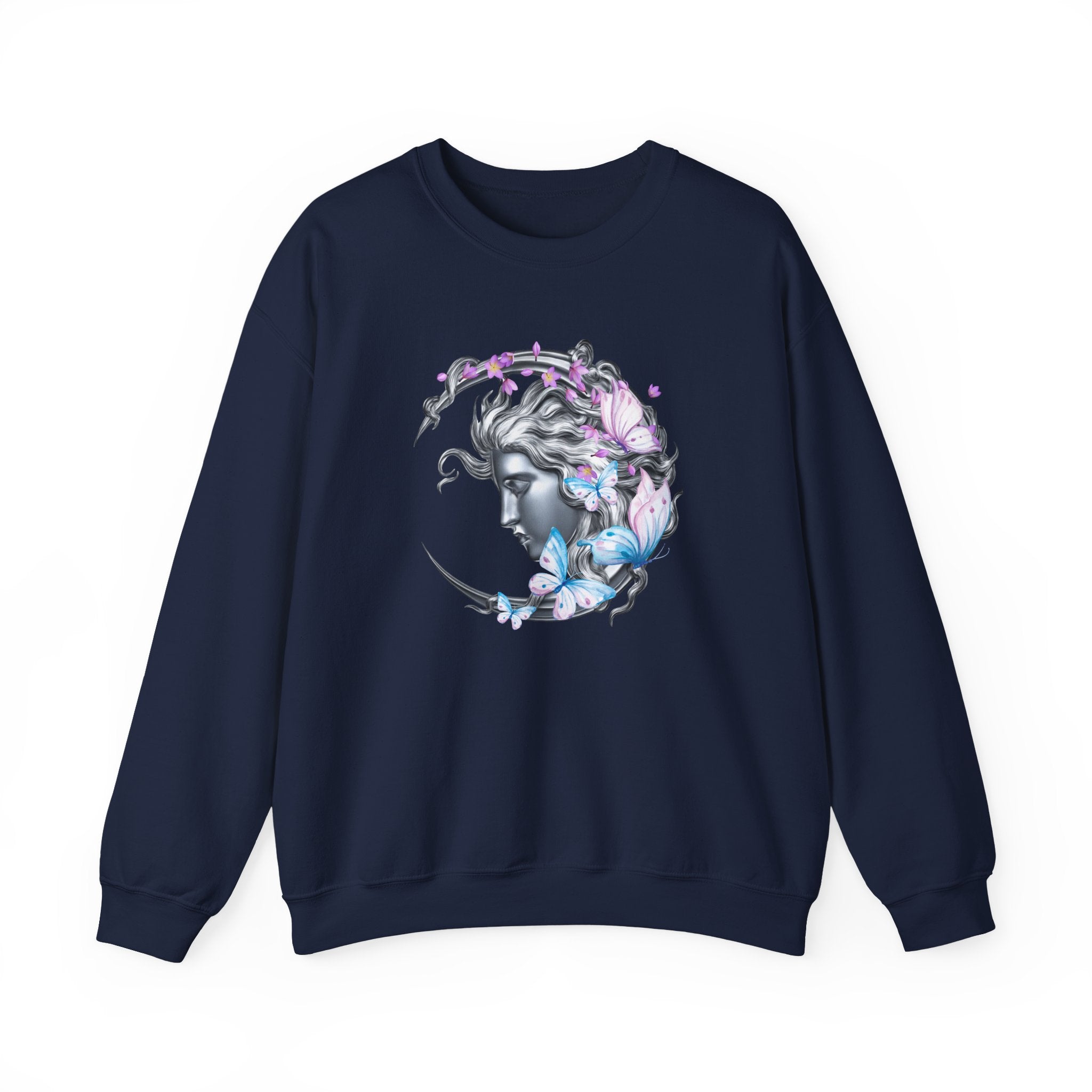 Navy blue sweatshirt with a graphic design of a woman's face surrounded by butterflies on a white background