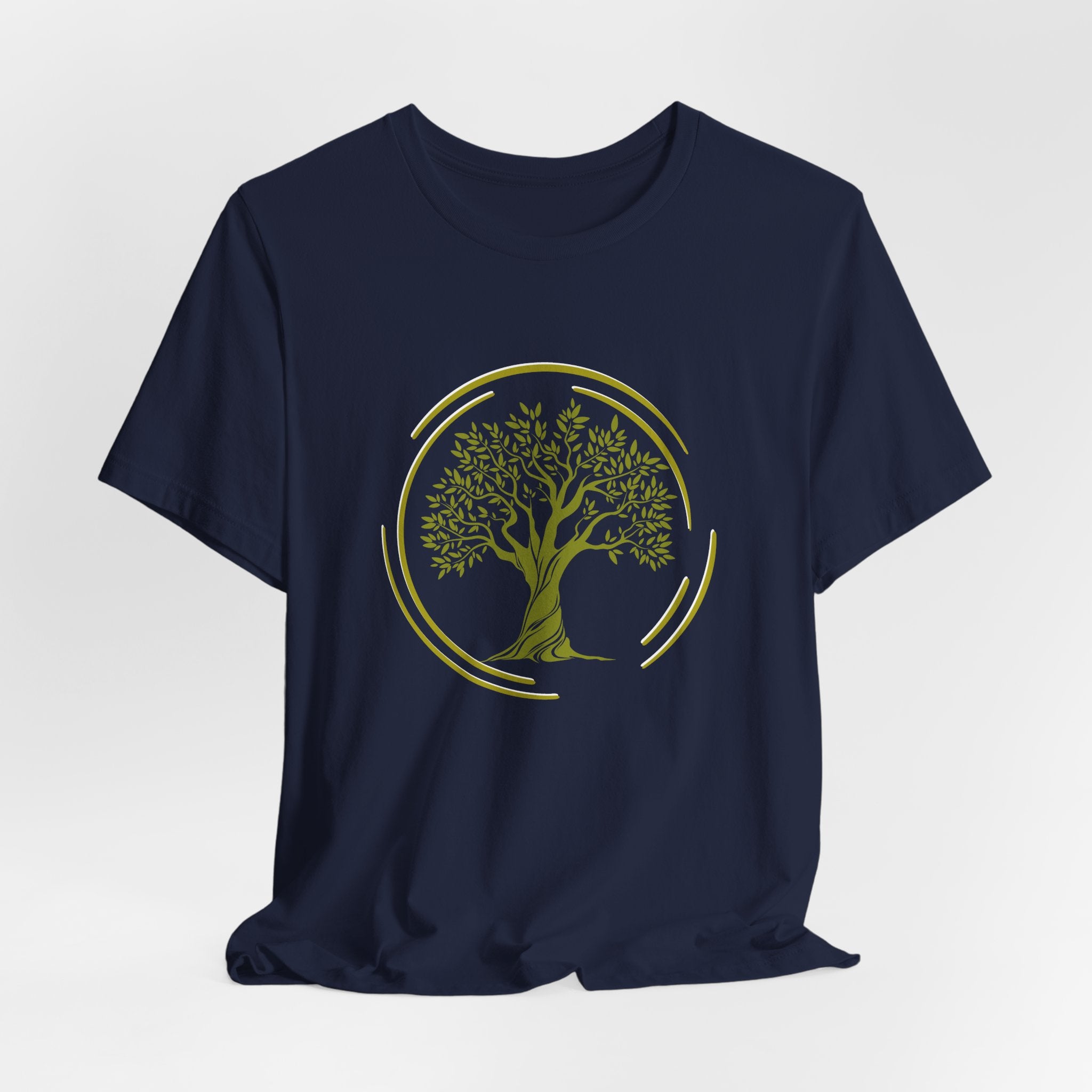 Navy blue t-shirt with a graphic of tree inside the circle on a white background