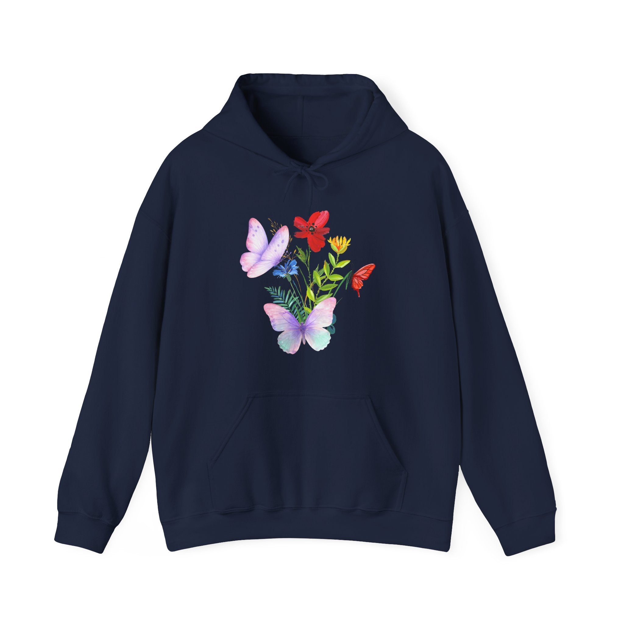 Navy blue hoodie with butterfly and floral design on a white background