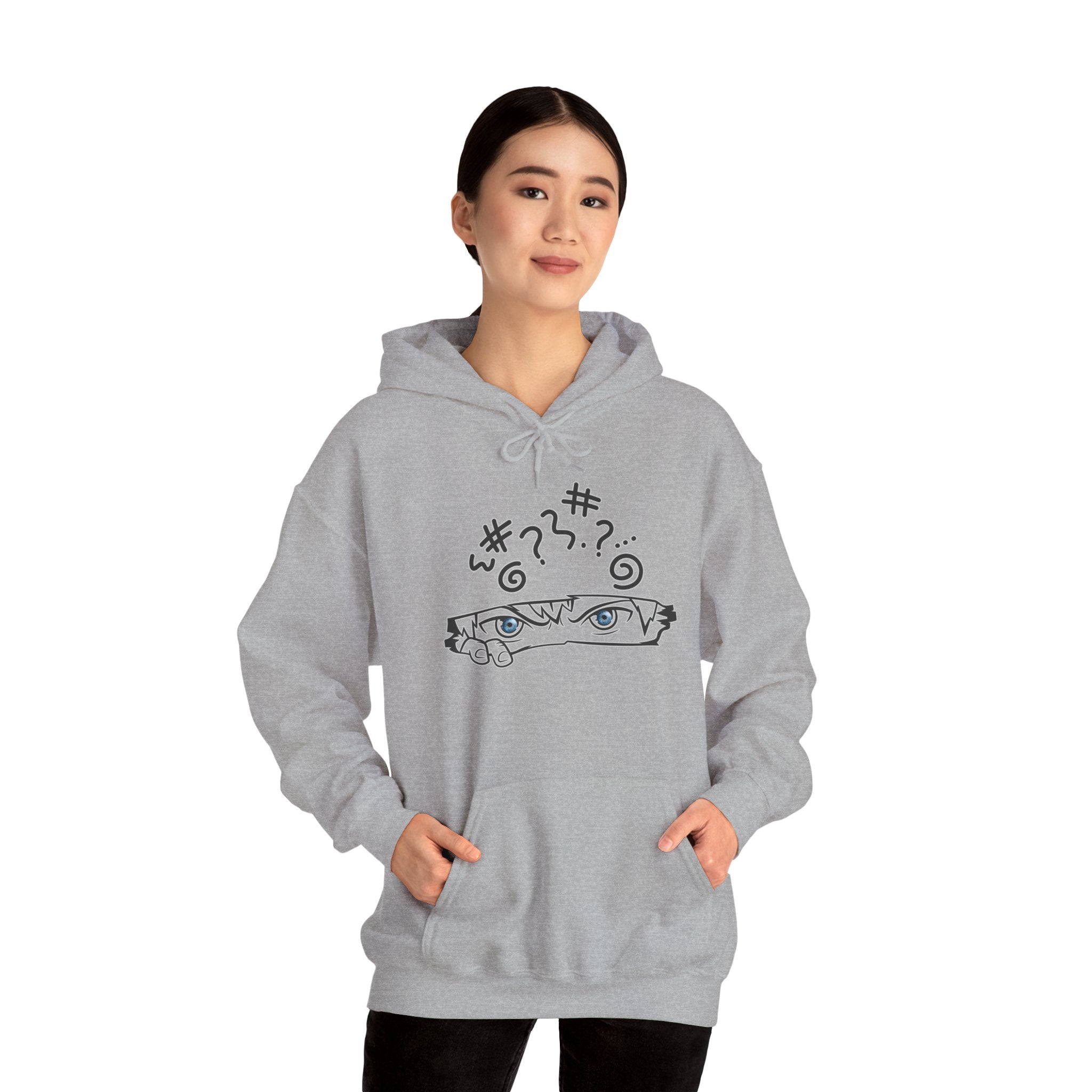 Person wearing a gray hoodie with a graphic and text on a white background