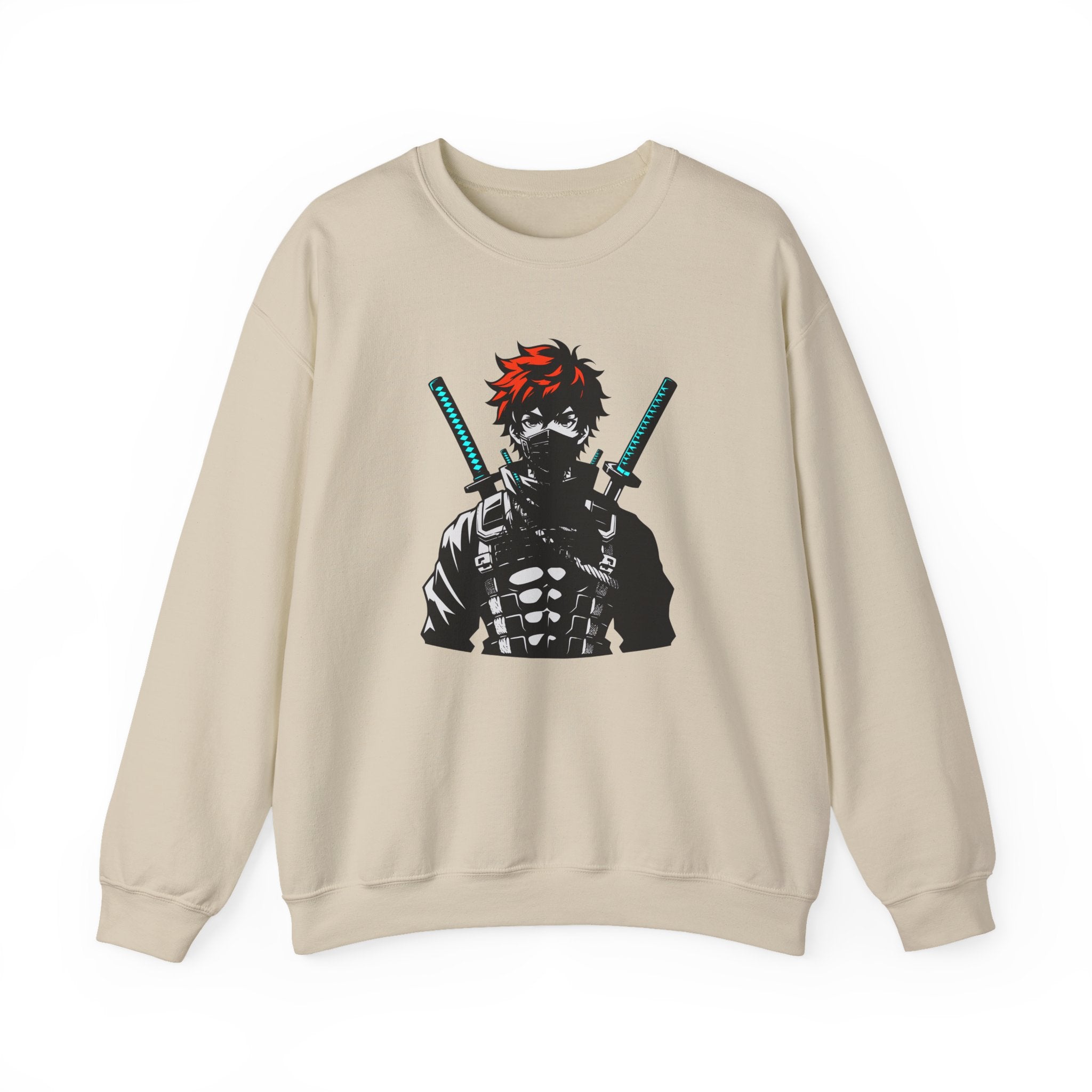 Beige sweatshirt with a graphic of a character holding swords on a white background