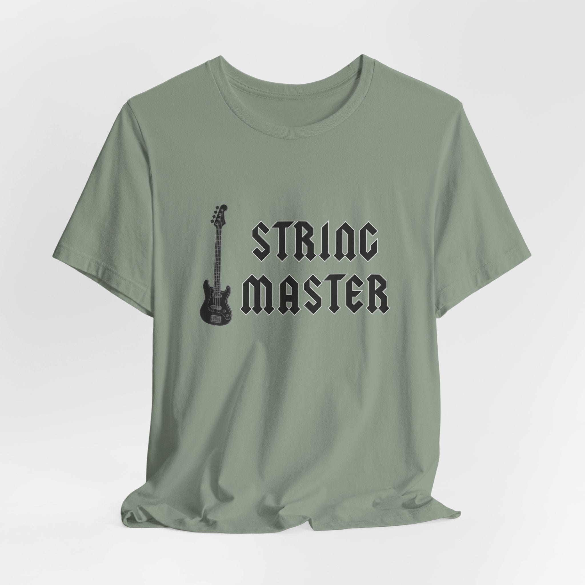 Green t-shirt with 'String Master' text and guitar graphic on a white background