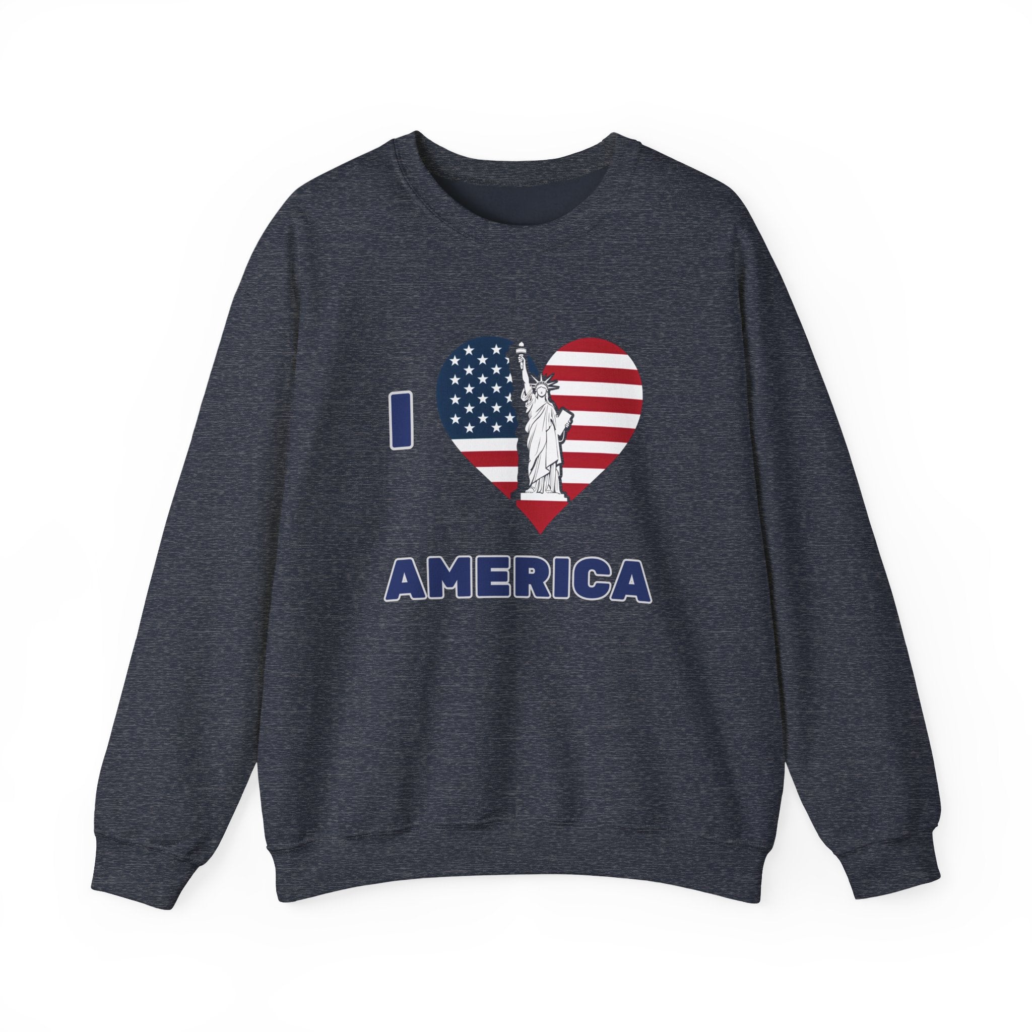 Navy sweatshirt with 'I ❤️ AMERICA' design featuring the Statue of Liberty on a white background
