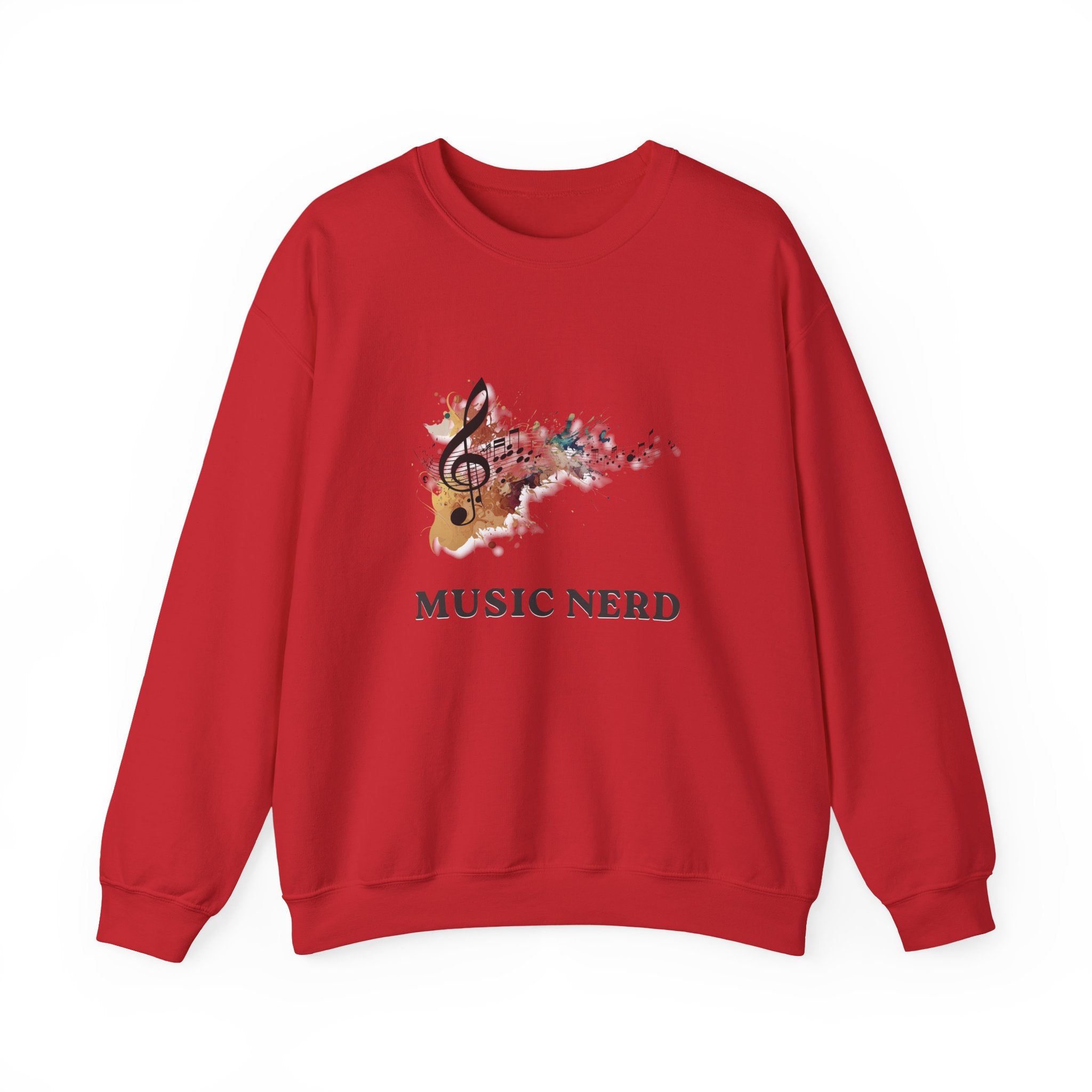 Red sweatshirt with musical design and 'Music Nerd' text on a white background