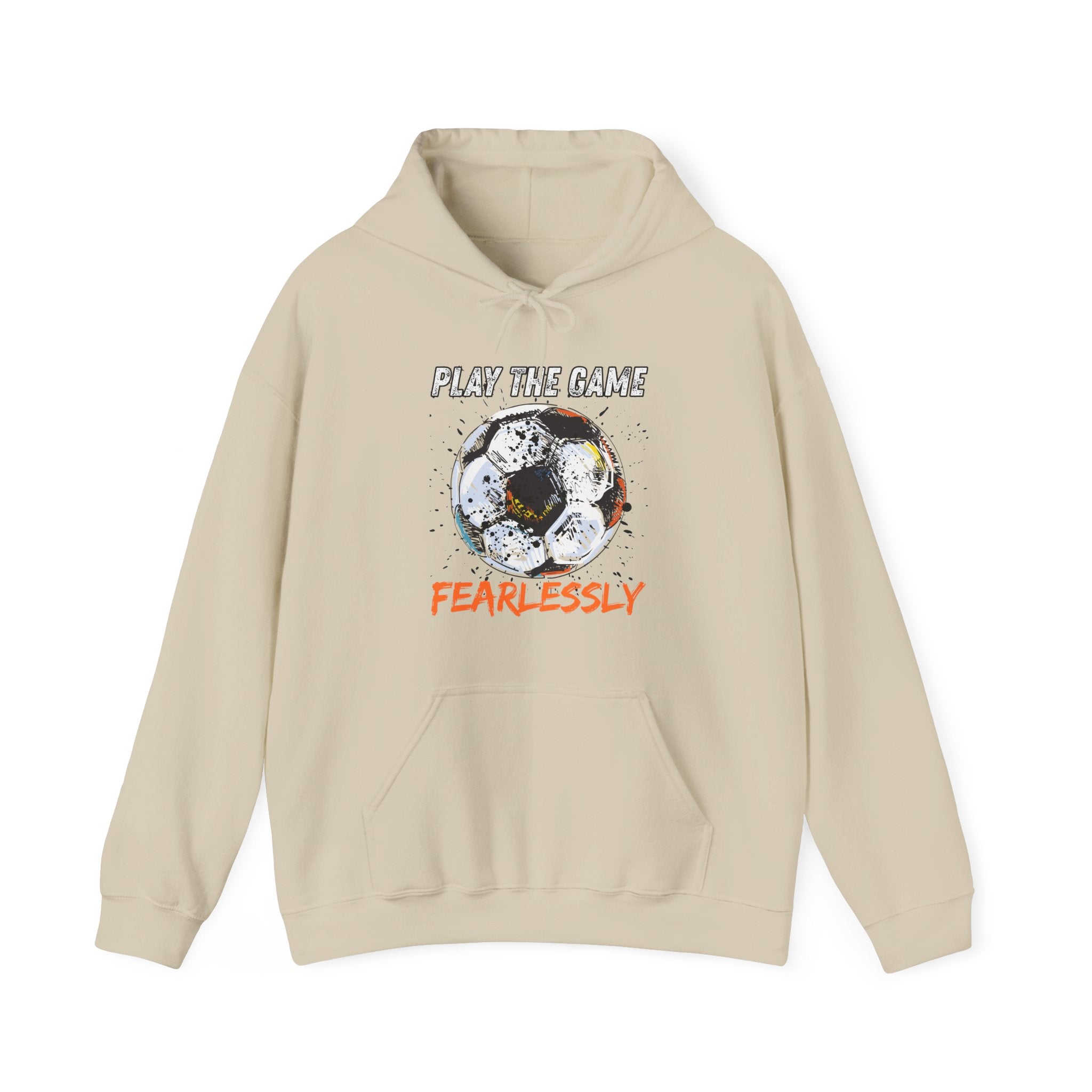 Beige hoodie with dirty soccer ball graphic and play the game fearlessly text on a white background