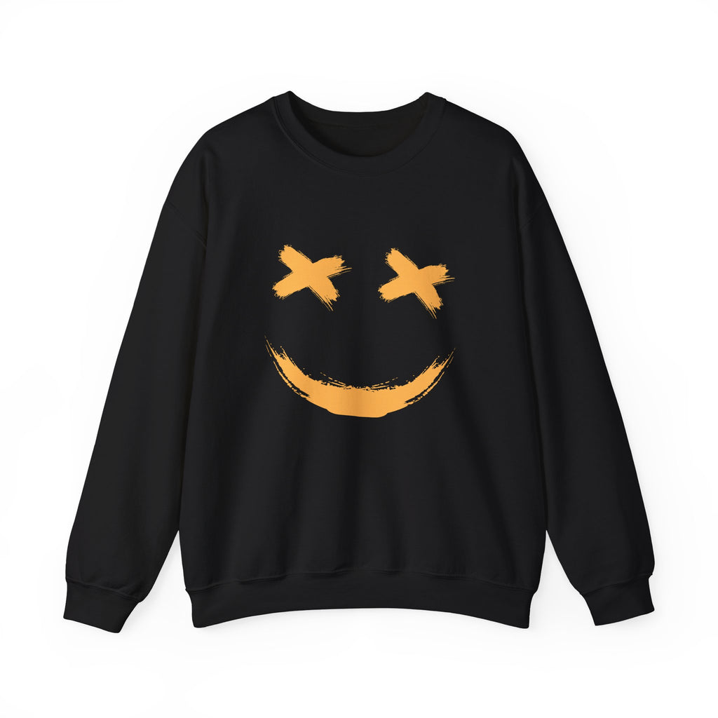 Black sweatshirt with a yellow smiley face design on a white background
