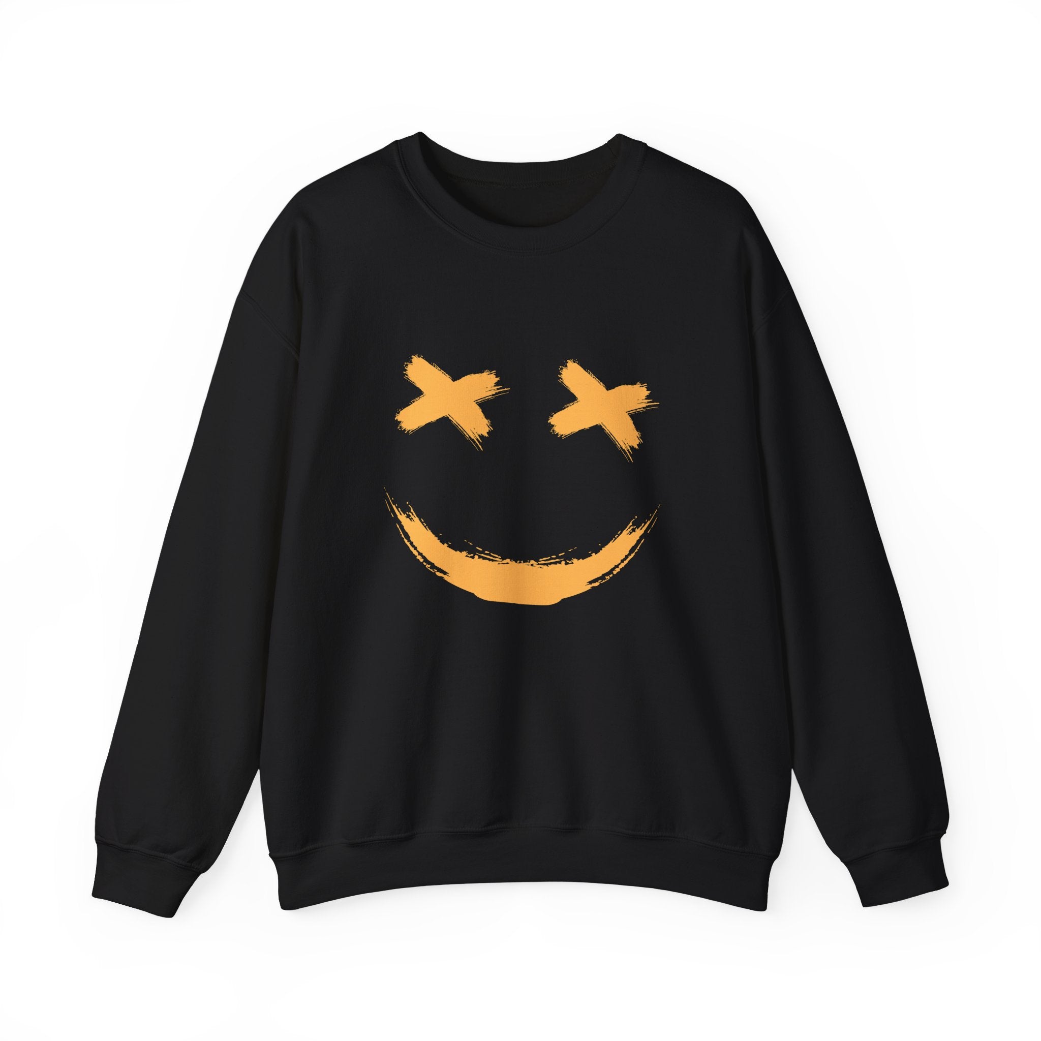 Black sweatshirt with a yellow smiley face design on a white background