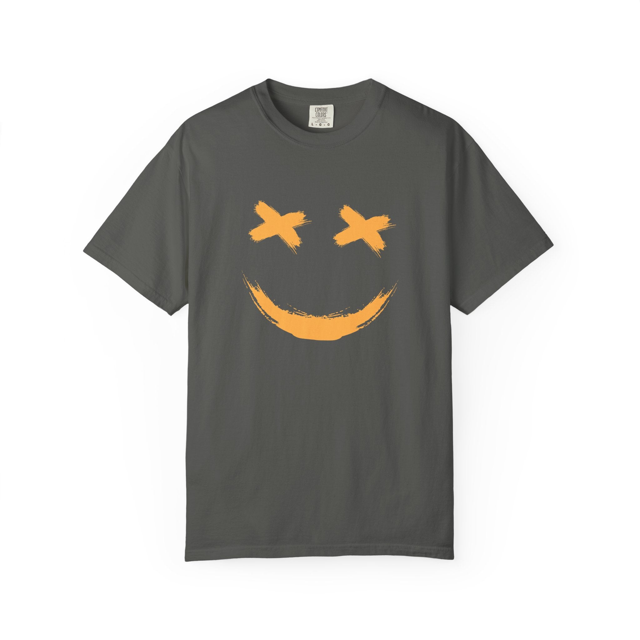 Grey t-shirt with a smiley logo on the chest against a white background