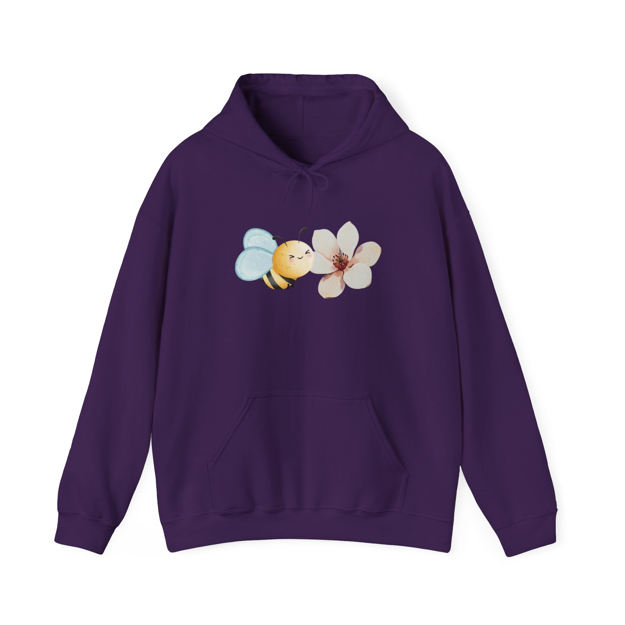 Purple hoodie with a flower and bee design on a white background