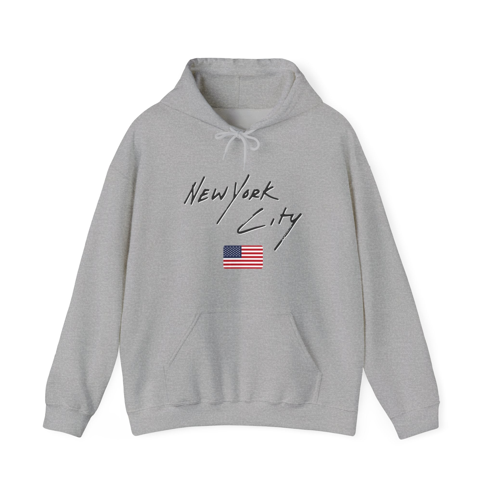 Gray hoodie with 'New York City' text and American flag on a white background