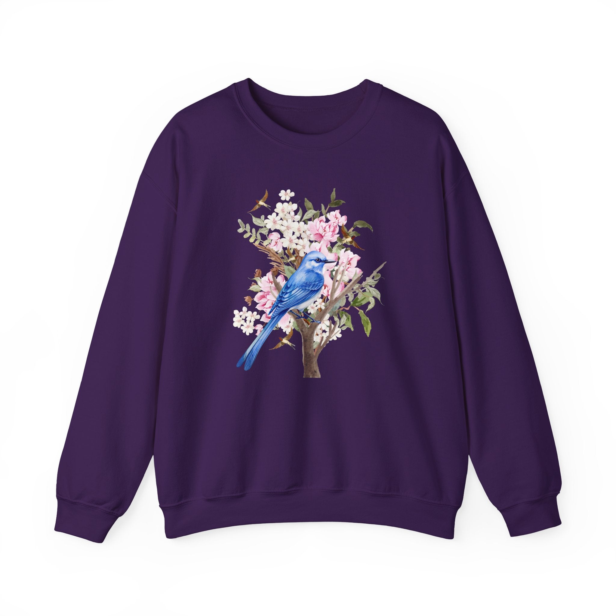 Purple sweatshirt with a bird and floral design on a white background