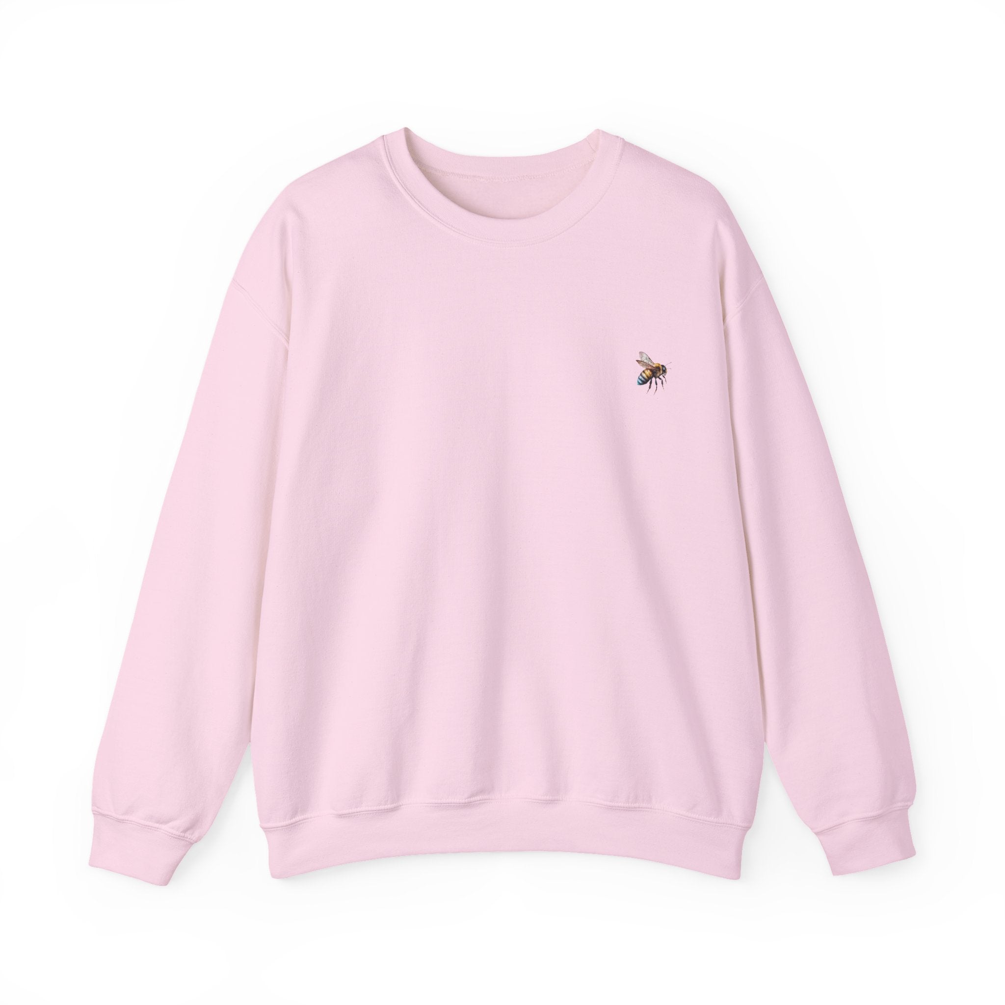 Pink sweatshirt with a small bee logo on a white background