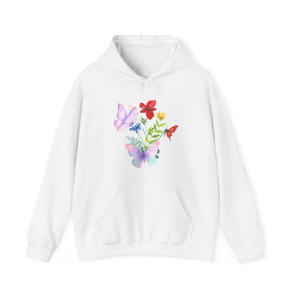 White hoodie with colorful butterfly and flower design on a white background