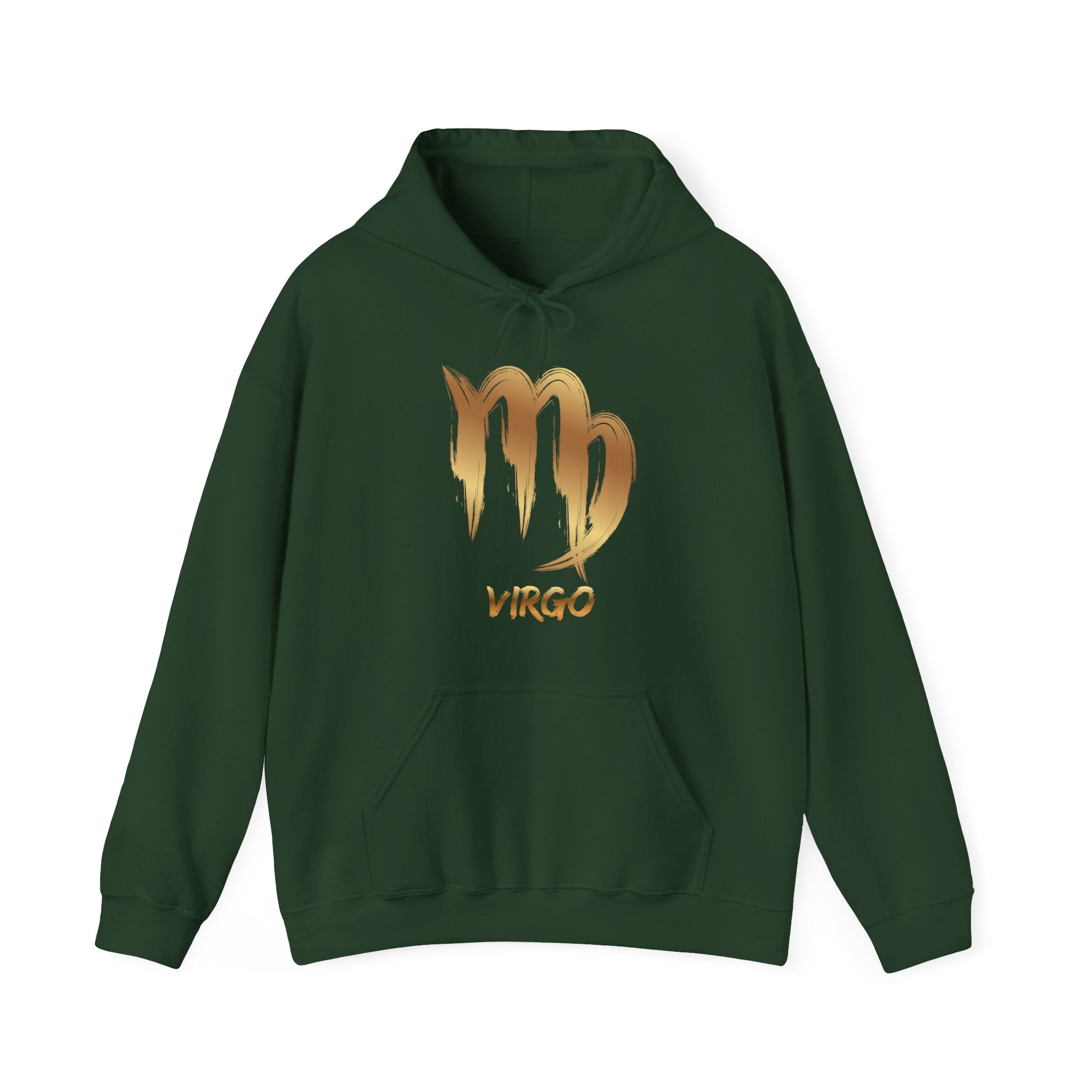 Green hoodie with gold Virgo symbol and text on a white background